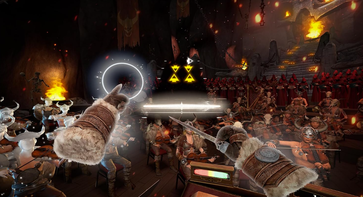Ein VR-Spiel zeigt pelzbesetzte Hände, die ein Orchester in einer fantastischen, höhlenartigen Arena dirigieren.
