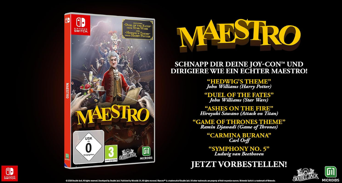 Nintendo Switch Spielhülle Maestro mit Orchester-Motiv und Tracklist auf schwarzem Werbebanner.