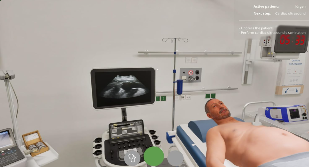 Ein Patient liegt auf einer Pritsche neben einem Ultraschallgerät in einem hellen Untersuchungsraum.
