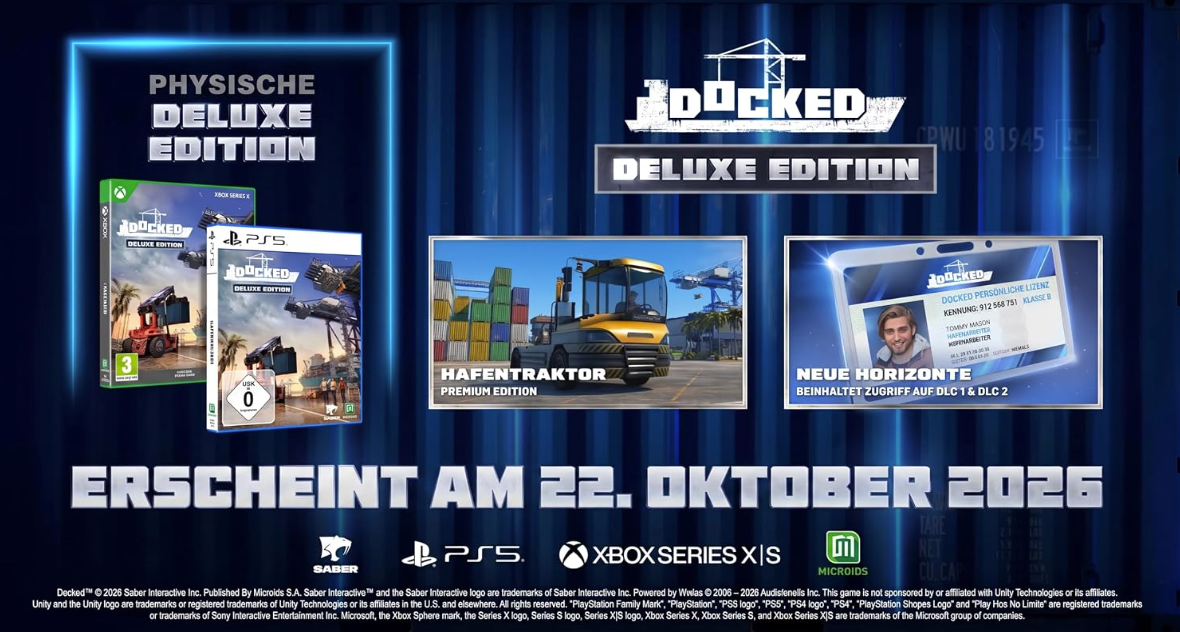 Physische Deluxe Edition von Docked mit Spielboxen, Hafentraktor und Ausweis. Erscheint am 22. Oktober 2026.