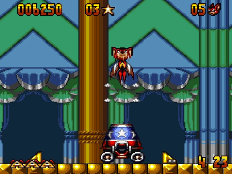 Ein Pixelcharakter fliegt in einer Schlossbühne mit Säulen vor einem blauen Vorhang und gelben Plattformen.