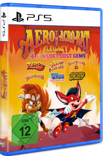 PlayStation 5 Spielhülle für Aero the Acro-Bat Legacy mit zwei Charakteren vor gelbem und rotem Hintergrund.