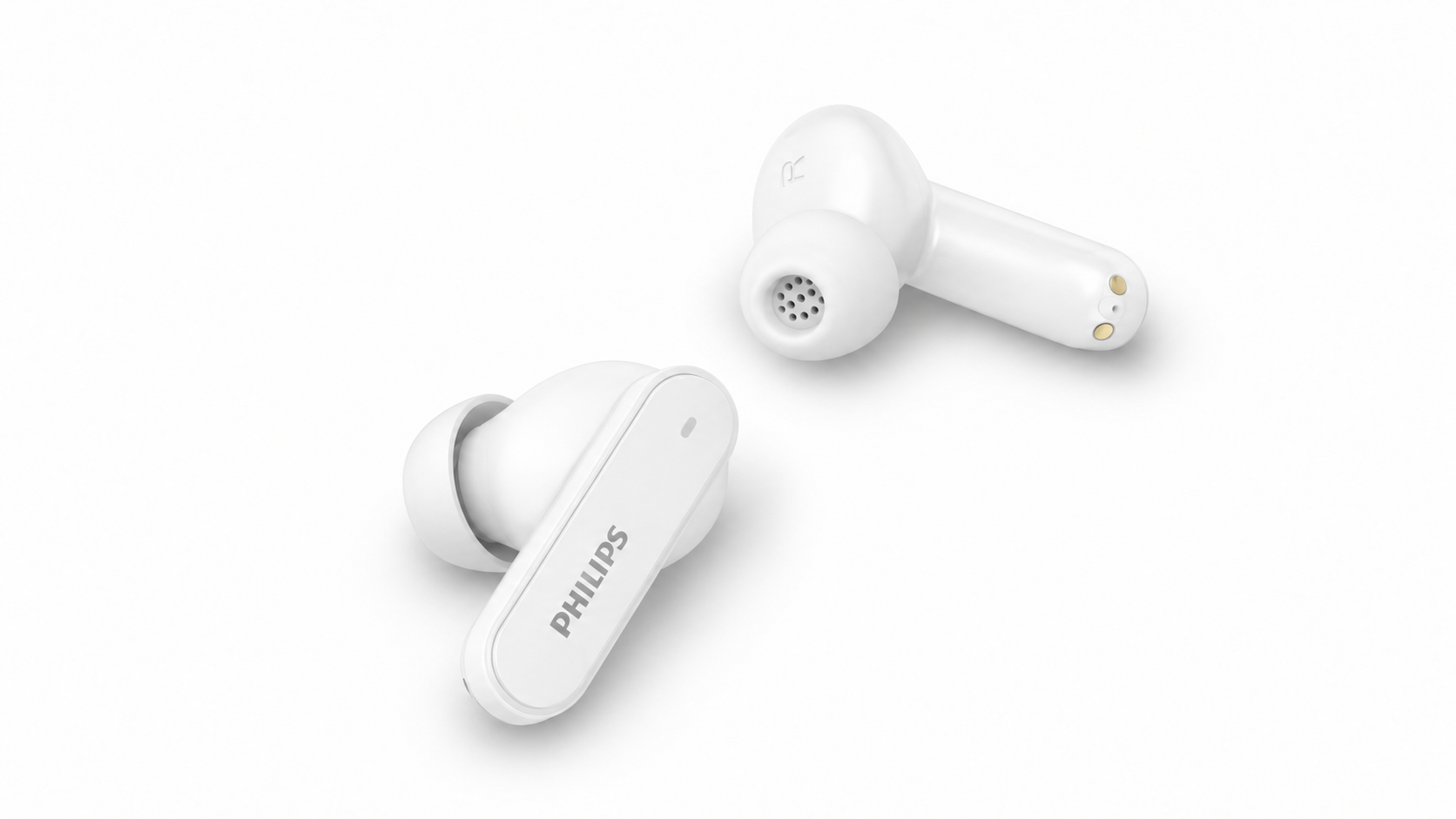 Beyaz arka planda saplı iki beyaz Philips kablosuz kulak içi kulaklık.
