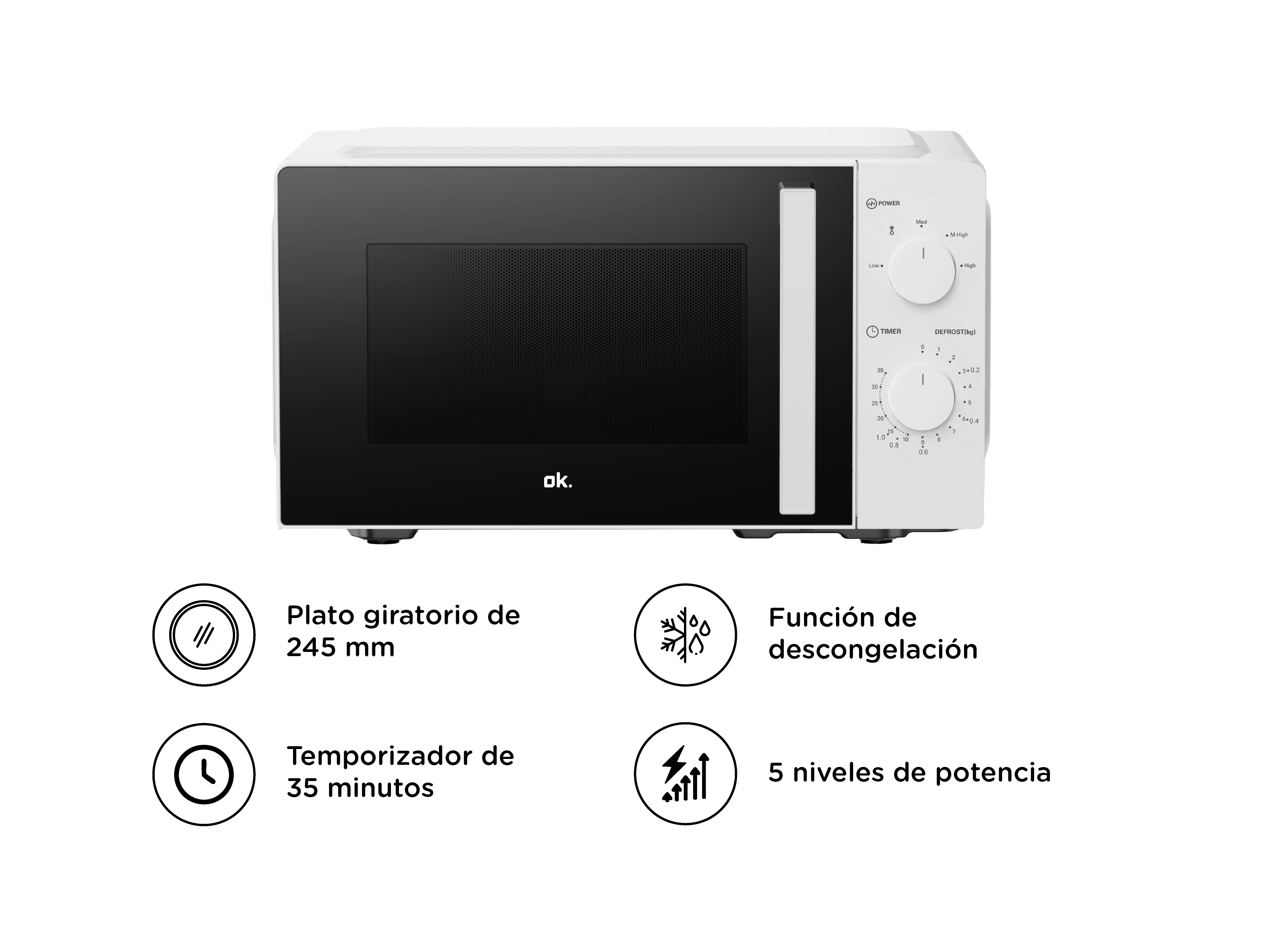 Microondas - ok. OMW 2026-1 W, 1150 W, 5 Niveles de potencia, 20l, Descongelación, Temporizador, Blanco 