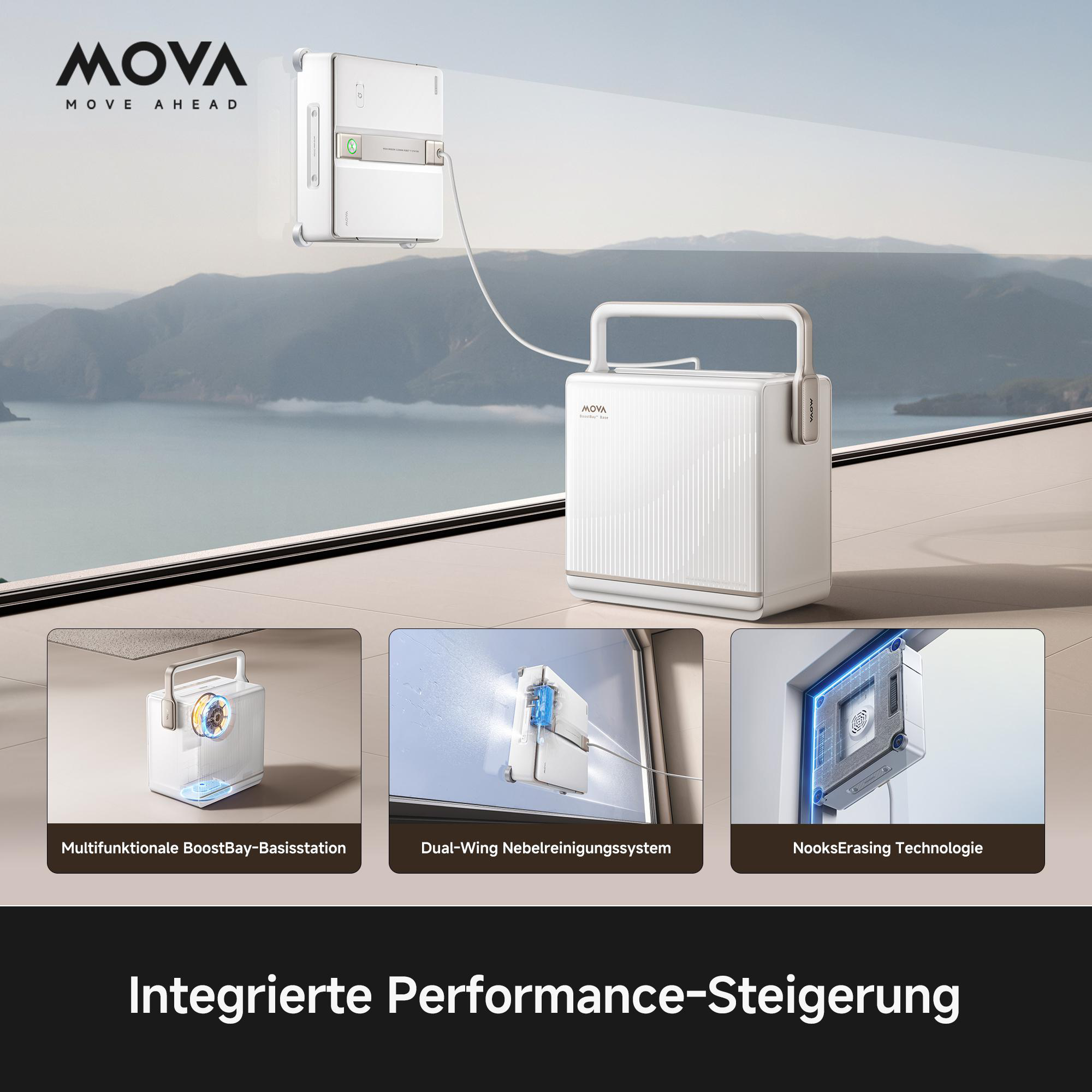 Mova Fensterreinigungsroboter mit Basisstation an einer Glasfront vor einer Berglandschaft.