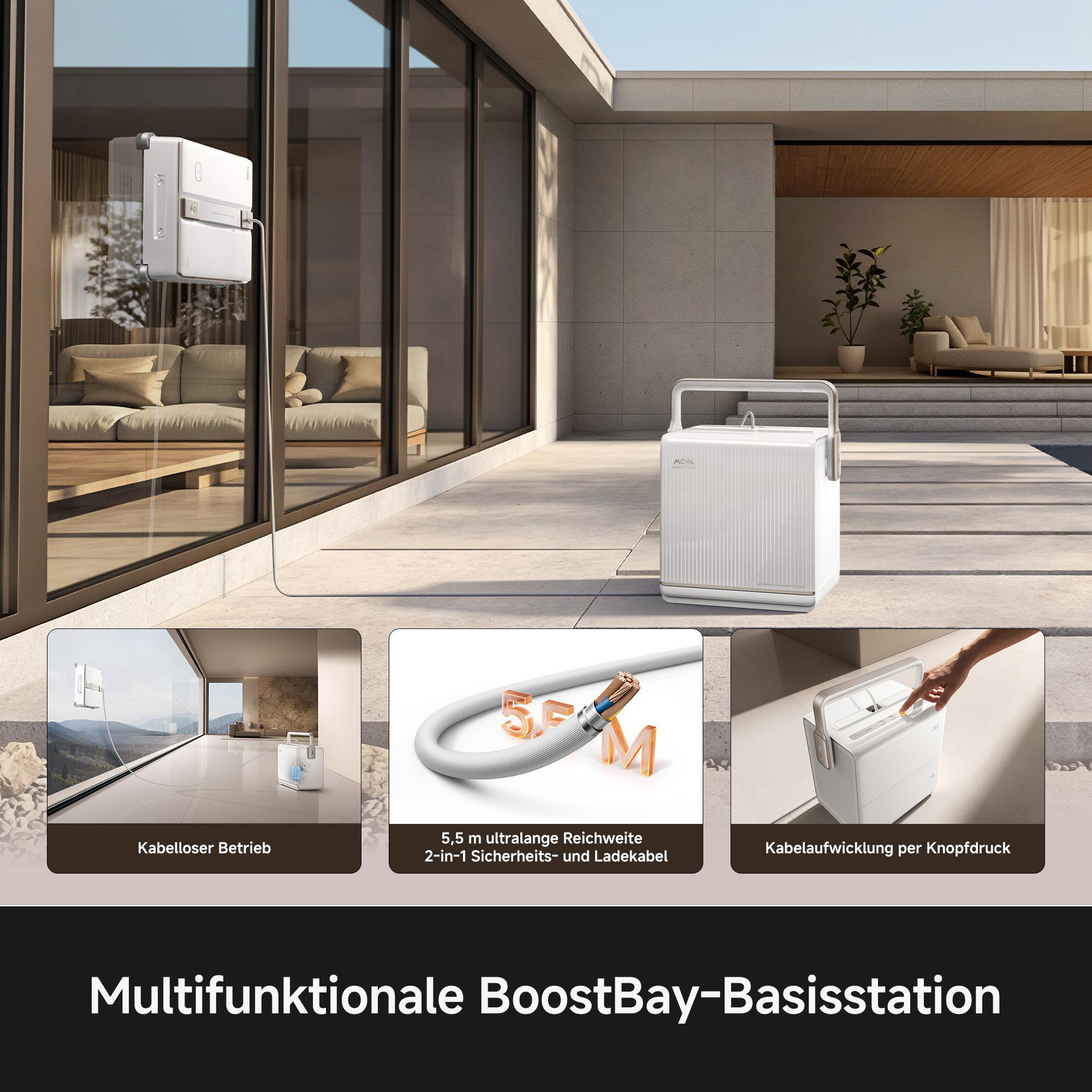 Multifunktionale BoostBay-Basistation mit Fensterputzroboter, langem Kabel und automatischer Aufwicklung.