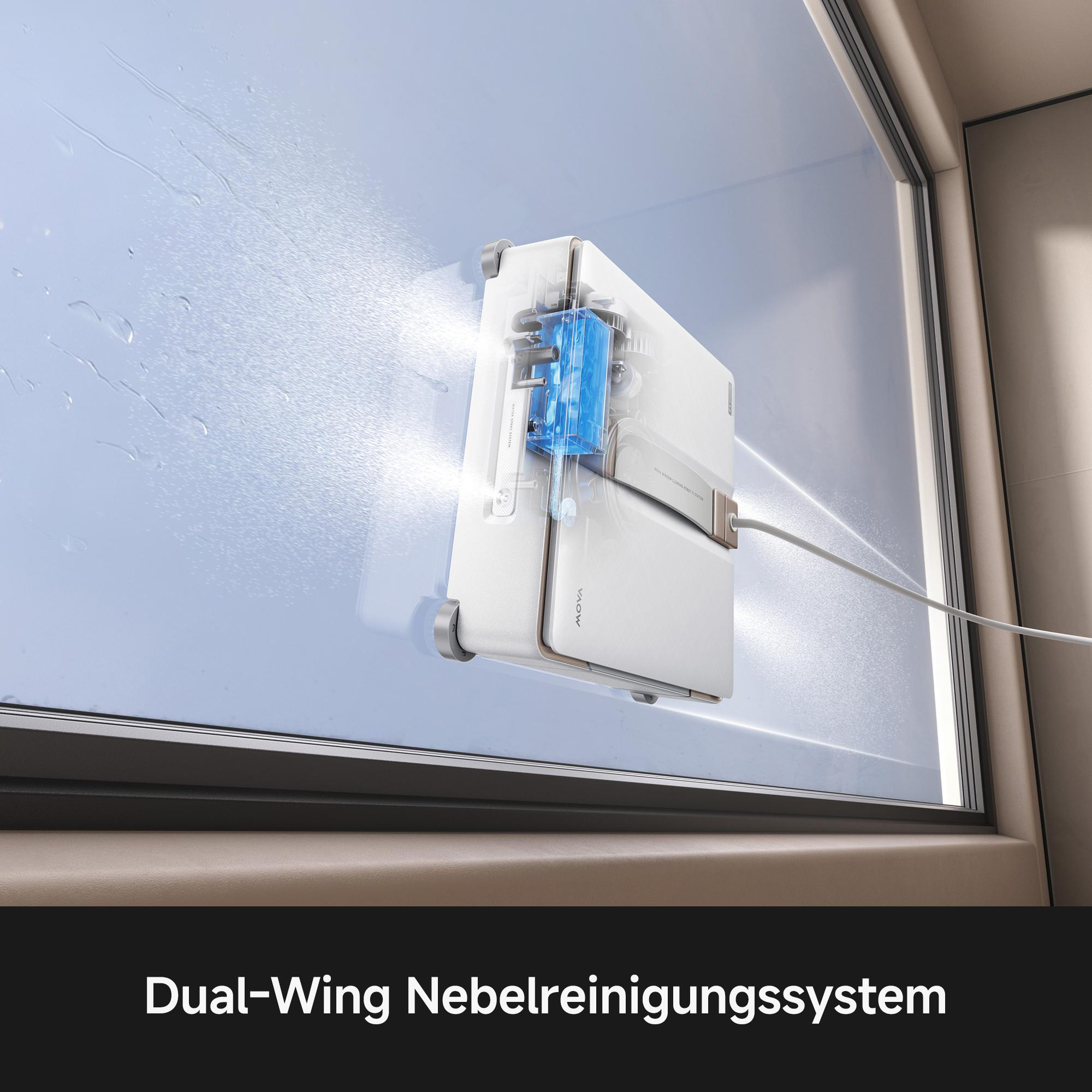 Ein weißer Fensterreinigungsroboter sprüht Wasser auf eine Fensterscheibe.