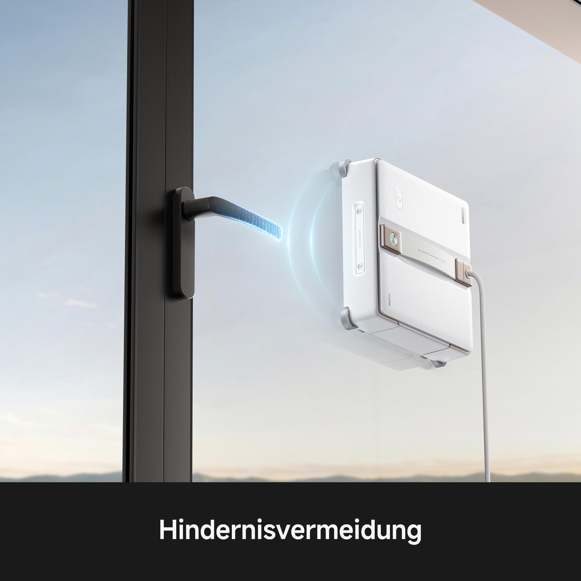 Ein weißer Fensterreinigungsroboter reinigt Glas und erkennt mithilfe von Sensoren den Fenstergriff.