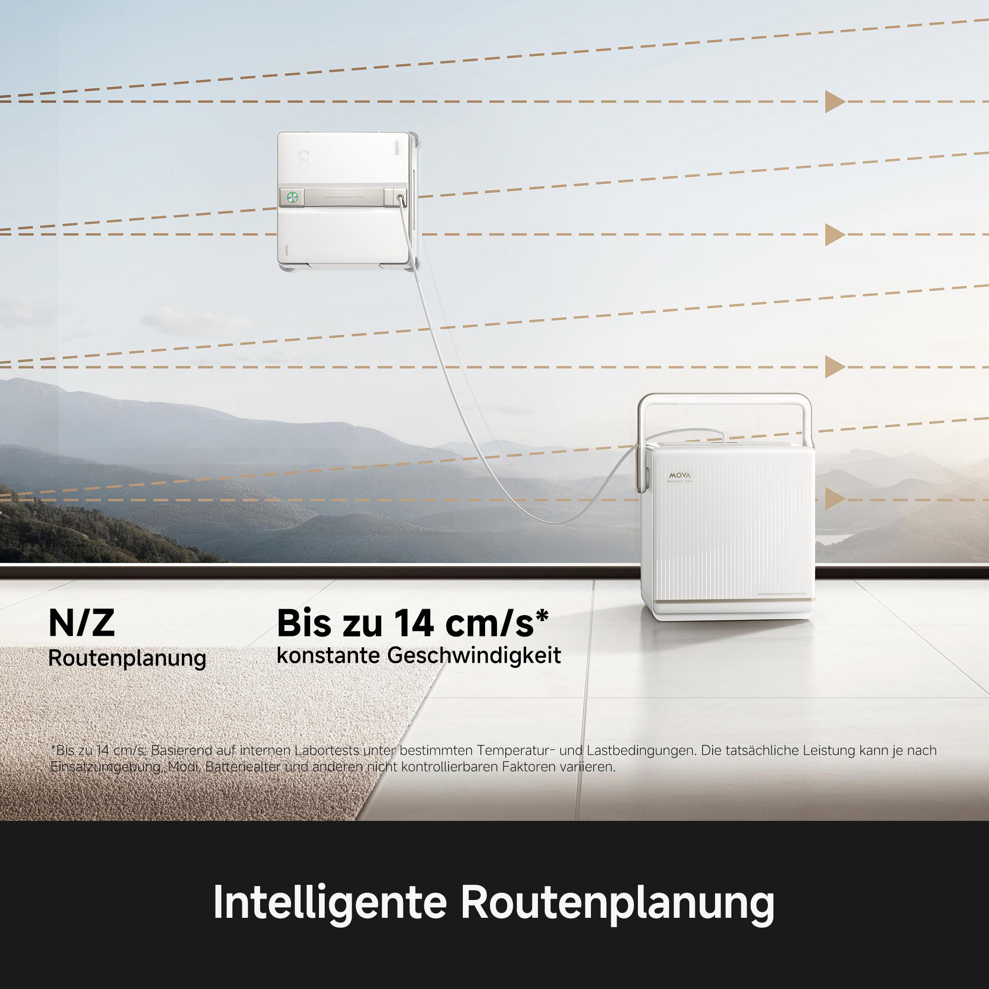 Ein weißer Fensterputzroboter reinigt eine Glasfläche, verbunden mit einer Basisstation auf dem Boden.