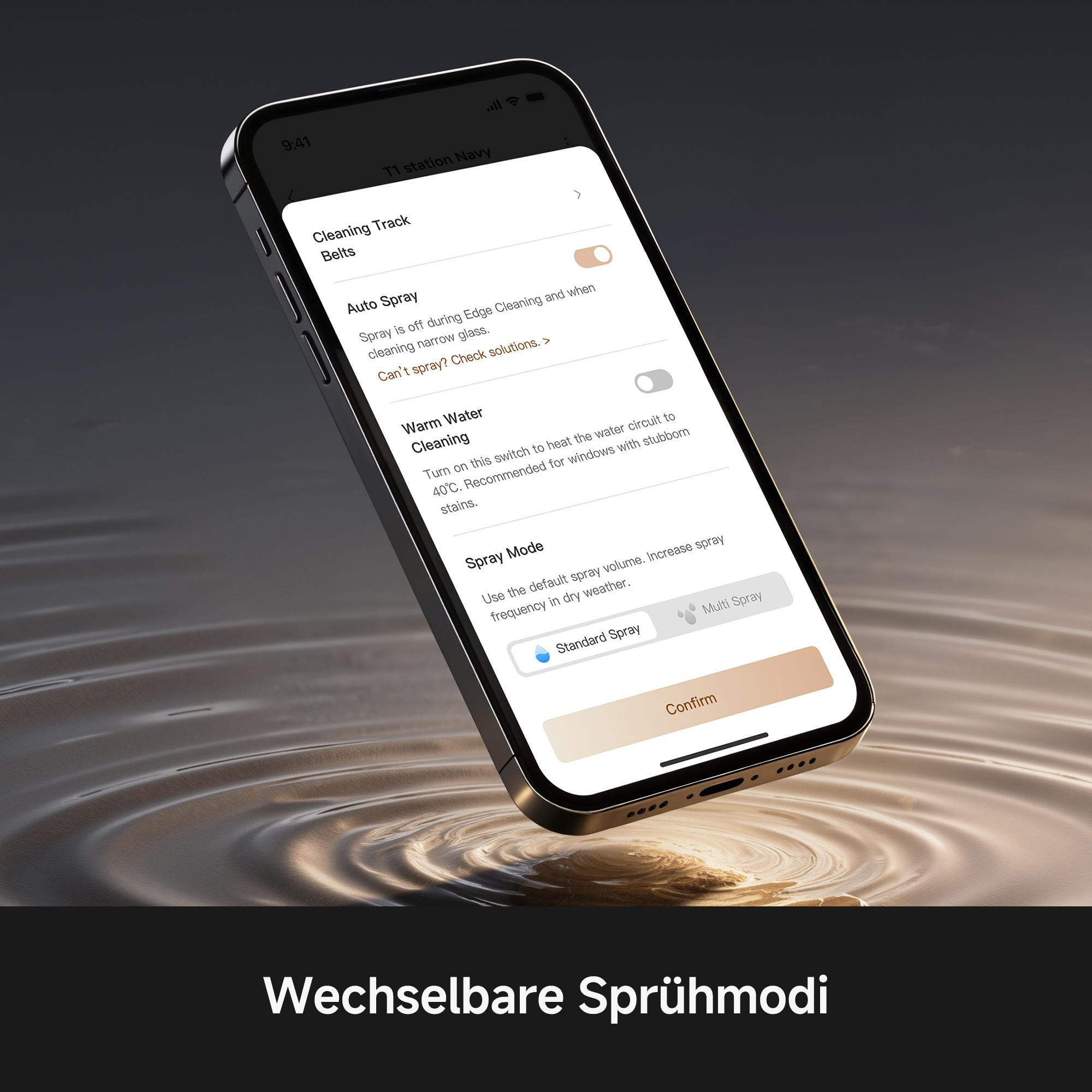 Smartphone zeigt App-Einstellungen für Sprühmodi über einer Wasseroberfläche.