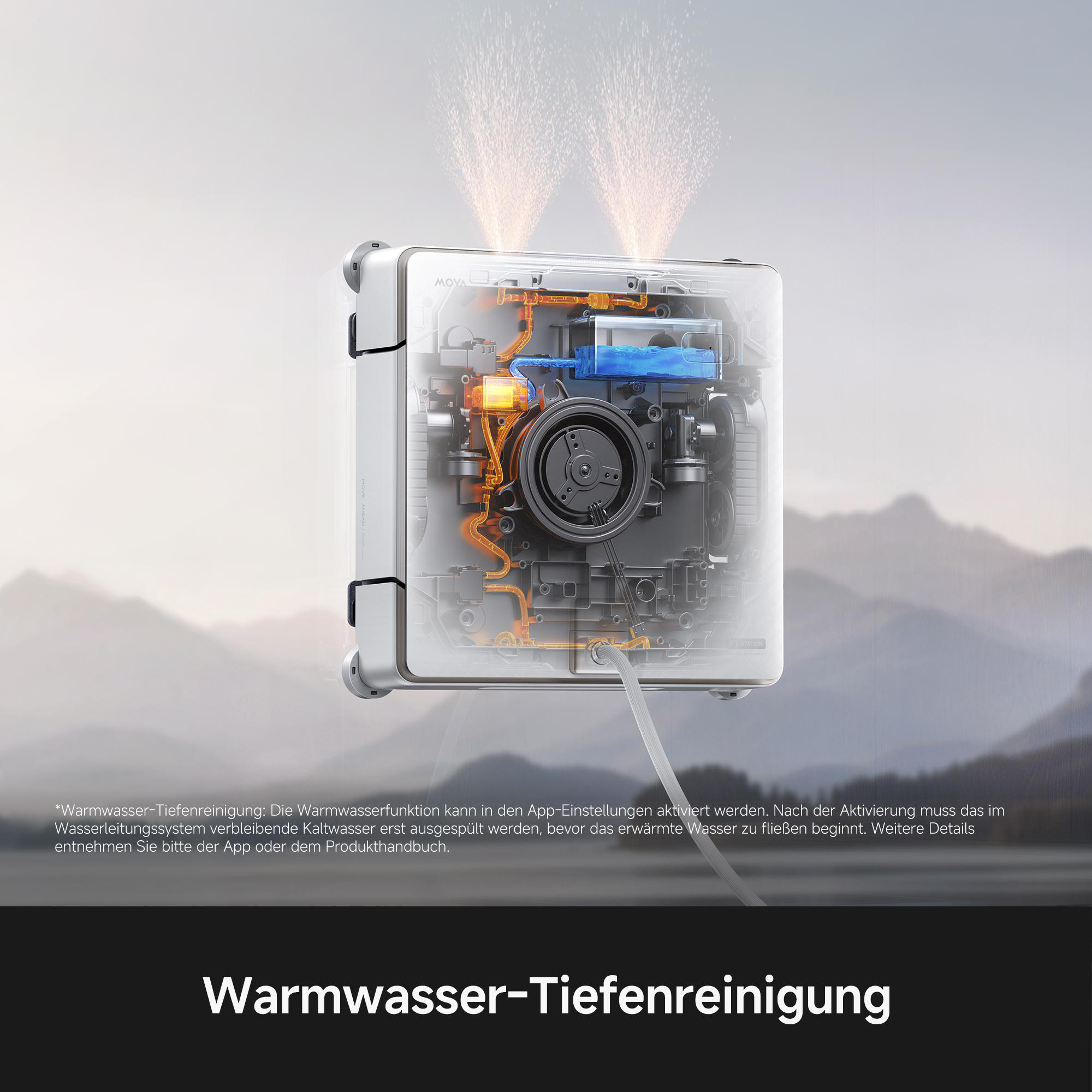 Querschnitt eines Reinigungsgeräts mit Wassertank und Elektronik, davor unscharfe Berglandschaft.