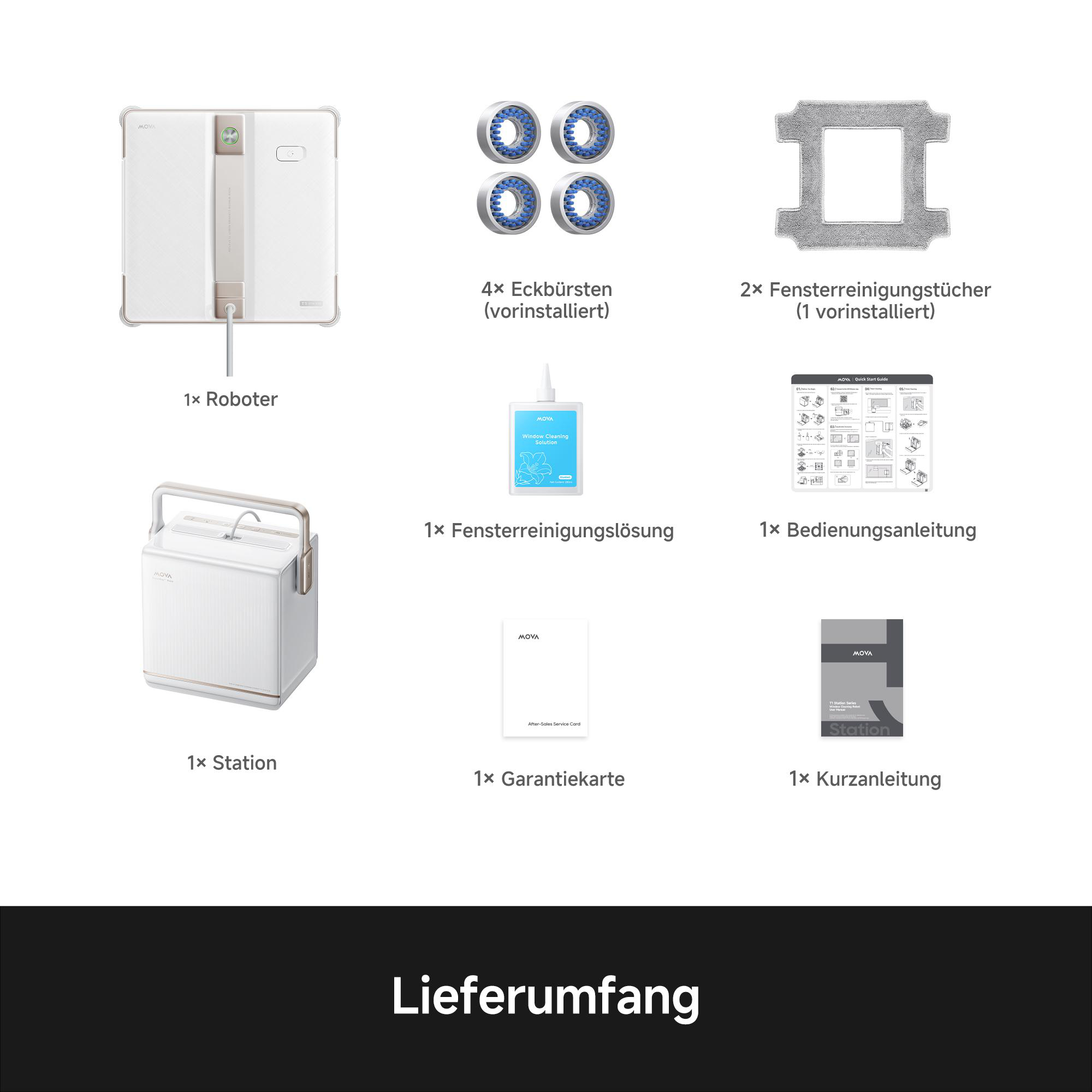 Lieferumfang eines Mova Fensterreinigungsroboters mit Roboter, Station, Bürsten, Tüchern und Zubehör.