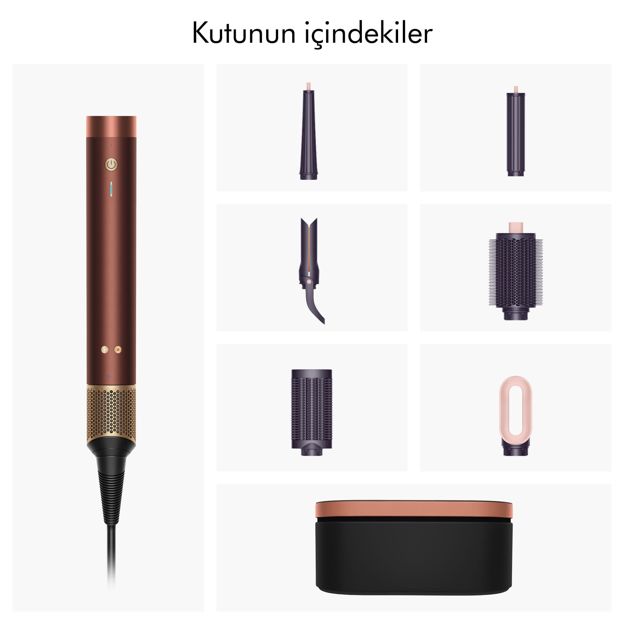 Çeşitli başlıklar ve bir saklama kutusu içeren saç şekillendirici.