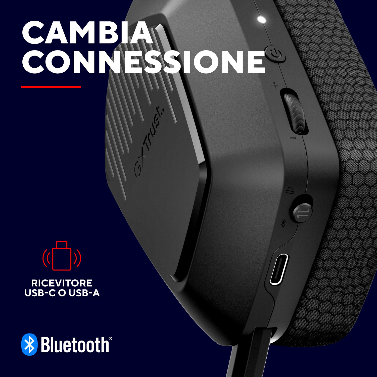 Cuffie nere con pulsanti, rotella del volume e porta USB-C su sfondo scuro.