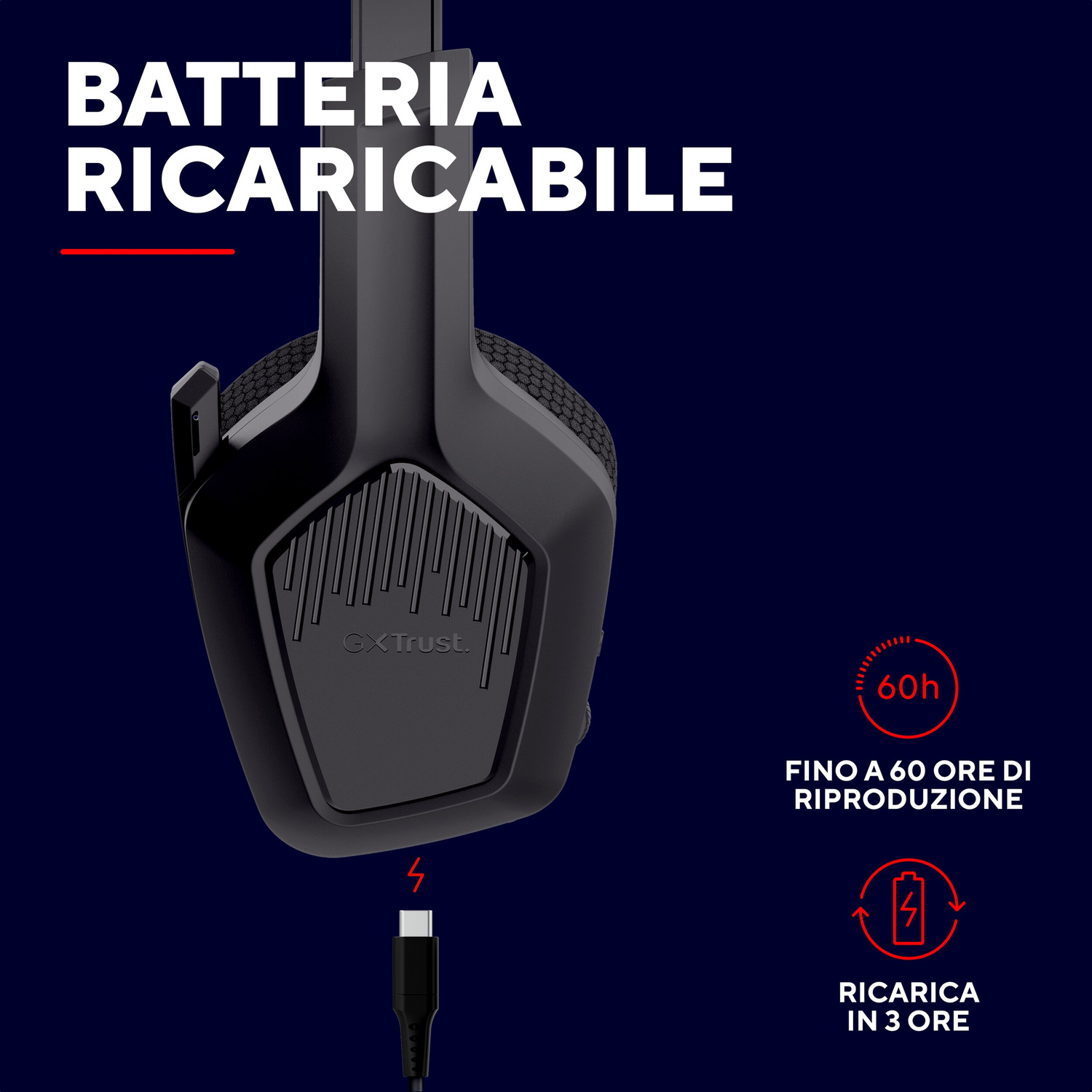 Cuffie nere con cavo USB-C, 60 ore di riproduzione e 3 ore di ricarica.