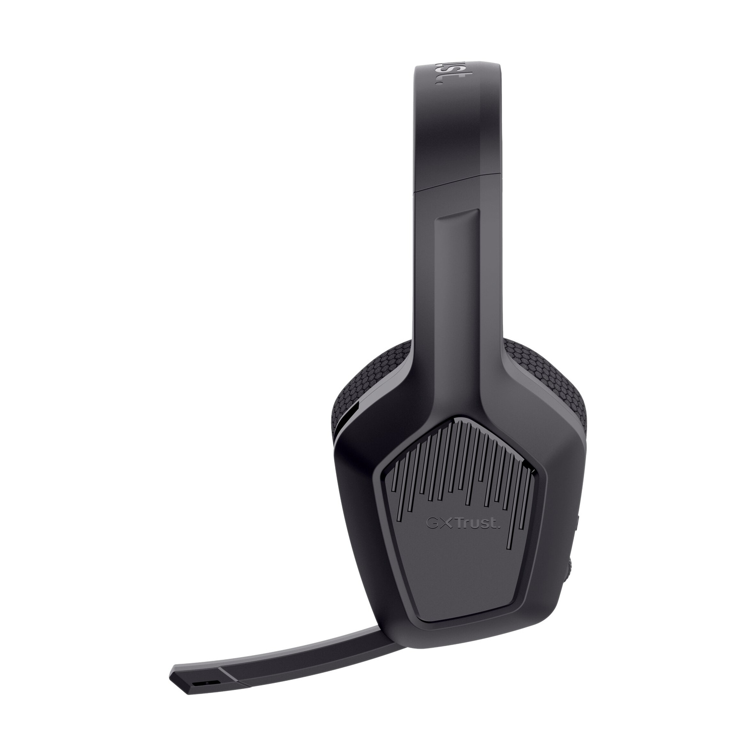 Vista laterale di un headset da gaming nero con braccio per microfono e padiglione auricolare.