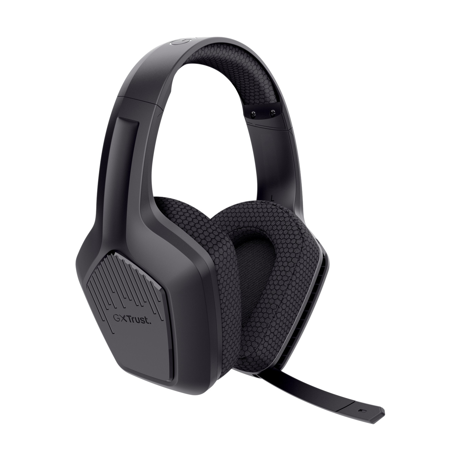 Cuffie gaming over-ear nere con archetto imbottito e microfono.