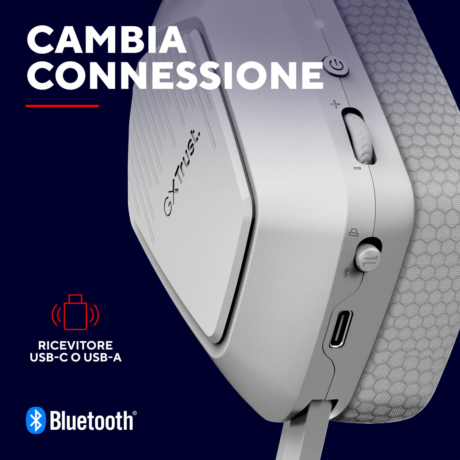 Cuffia grigia con controlli, porta USB-C e logo Bluetooth su sfondo blu scuro.