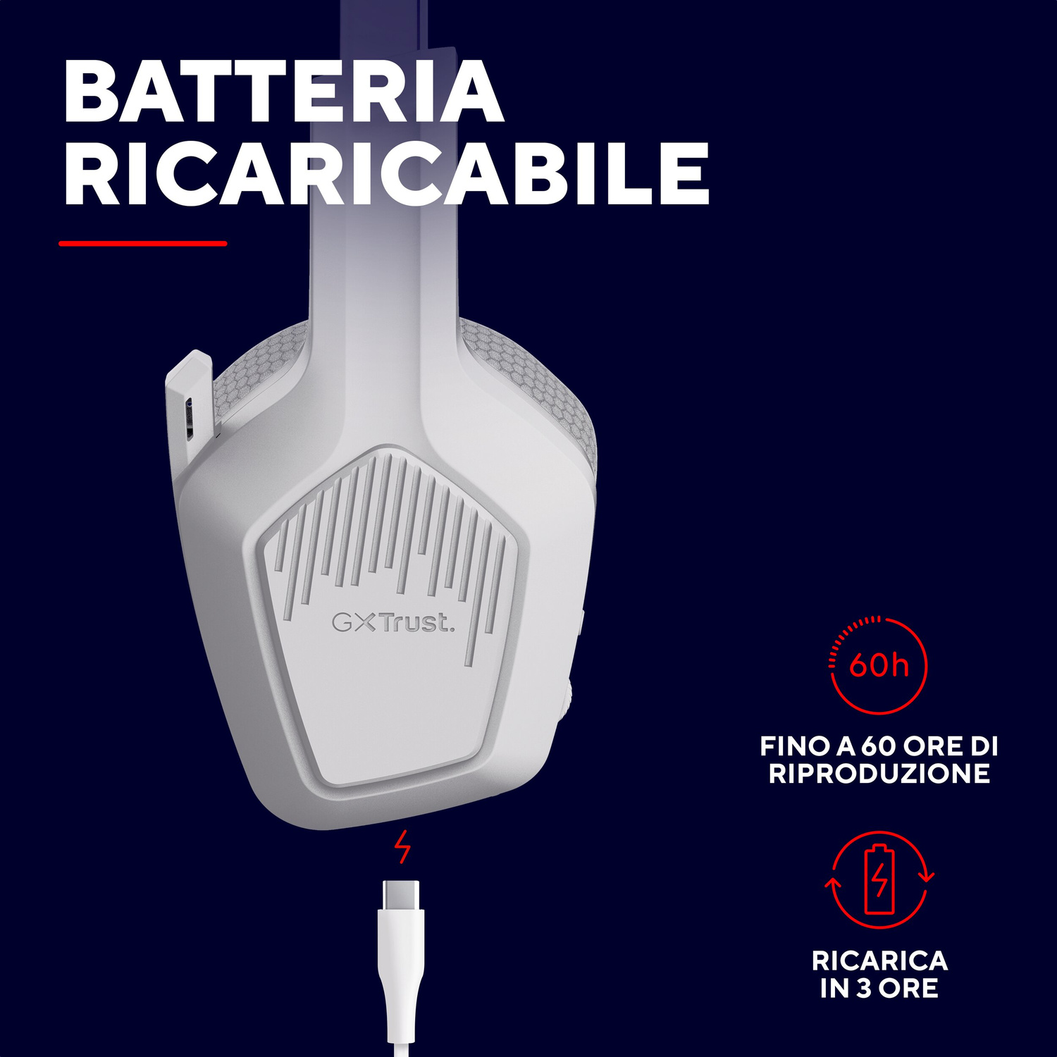 Cuffie gaming bianche con 60 ore di batteria e cavo USB-C su sfondo scuro.