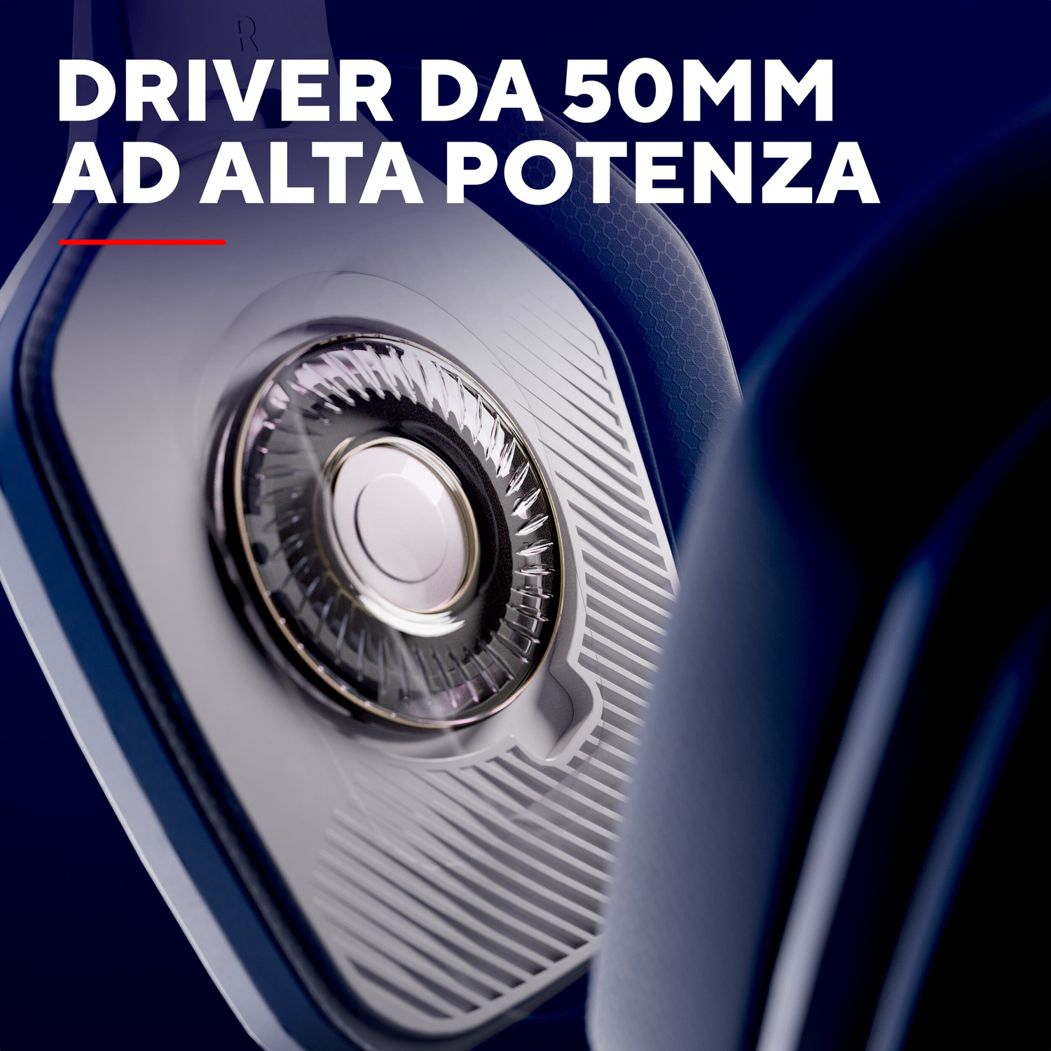 Primo piano di un driver per cuffie ad alta potenza da 50 mm su sfondo blu scuro.