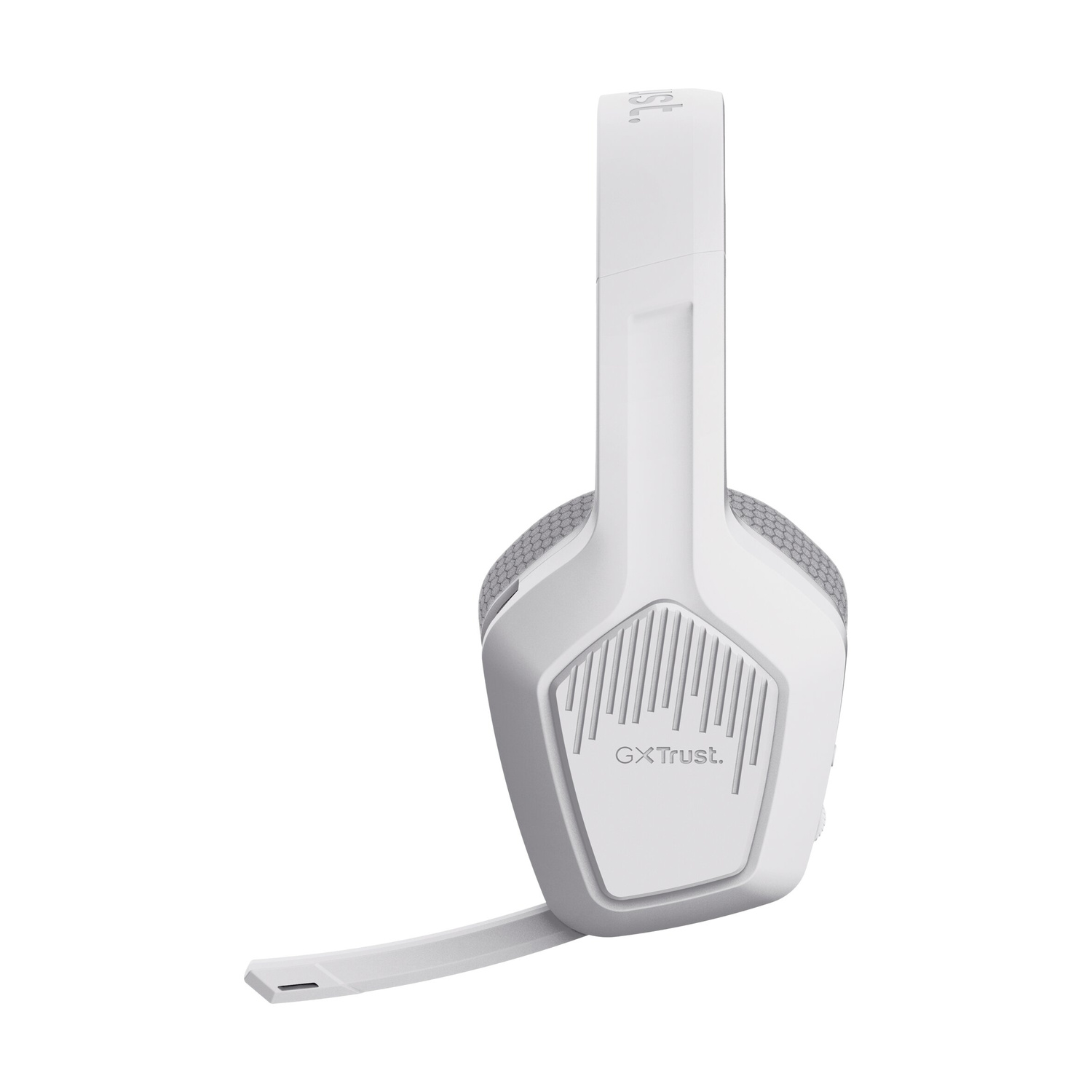 Cuffie da gioco bianche con microfono collegato su sfondo bianco.