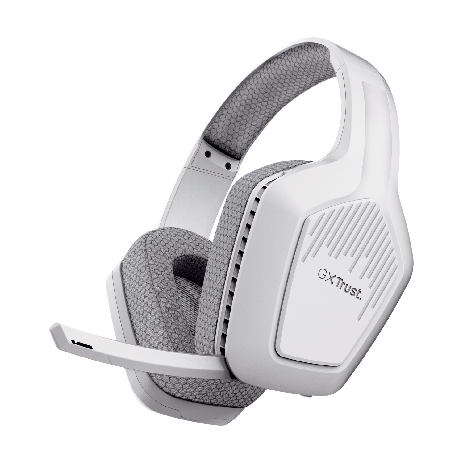 Cuffie gaming over-ear bianche con imbottitura in rete grigia e microfono.
