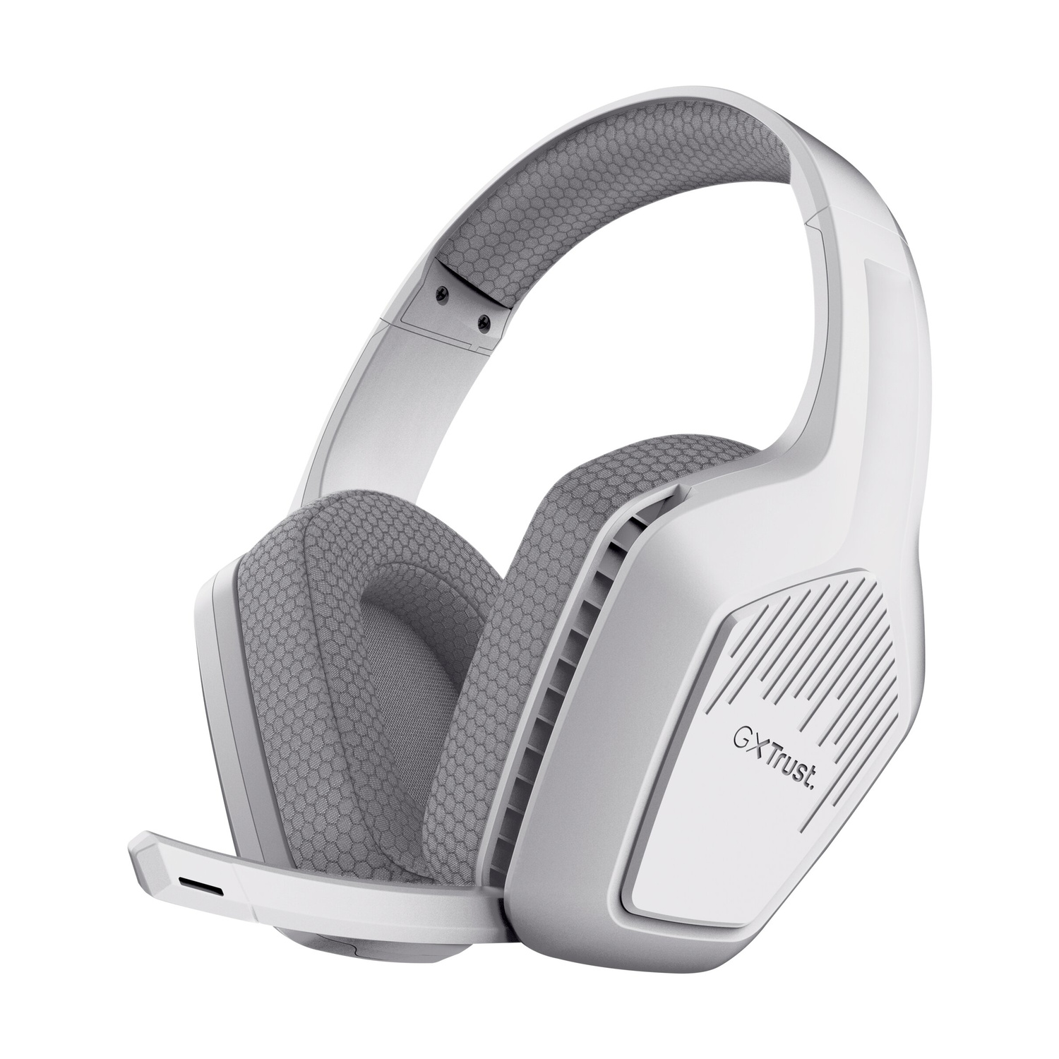 Cuffie da gaming bianche over-ear con cuscini in tessuto grigio e microfono su sfondo bianco.
