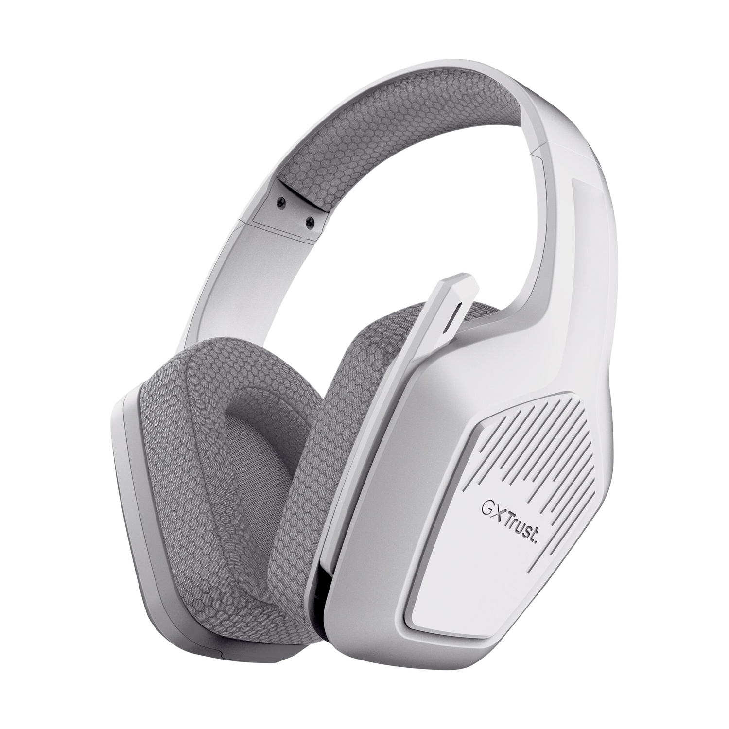 Cuffie gaming over-ear bianche con tessuto a rete grigio e microfono integrato su sfondo bianco.