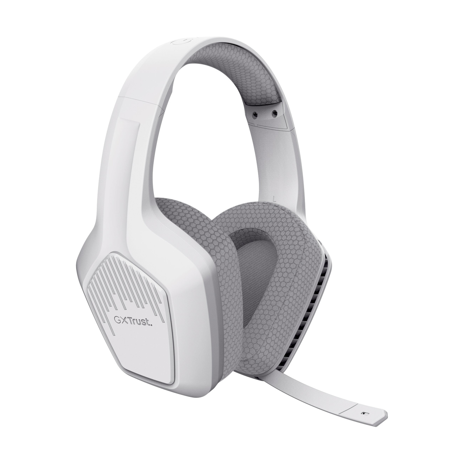 Cuffie da gioco over-ear GXTrust bianche e grigie con microfono attaccato su sfondo bianco.