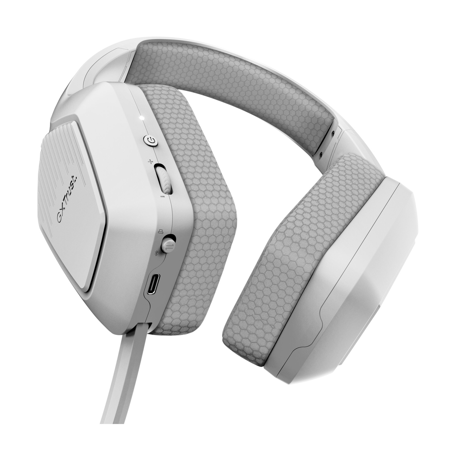 Cuffie over-ear bianche con imbottitura in tessuto grigio, controlli integrati e cavo sporgente su sfondo bianco.