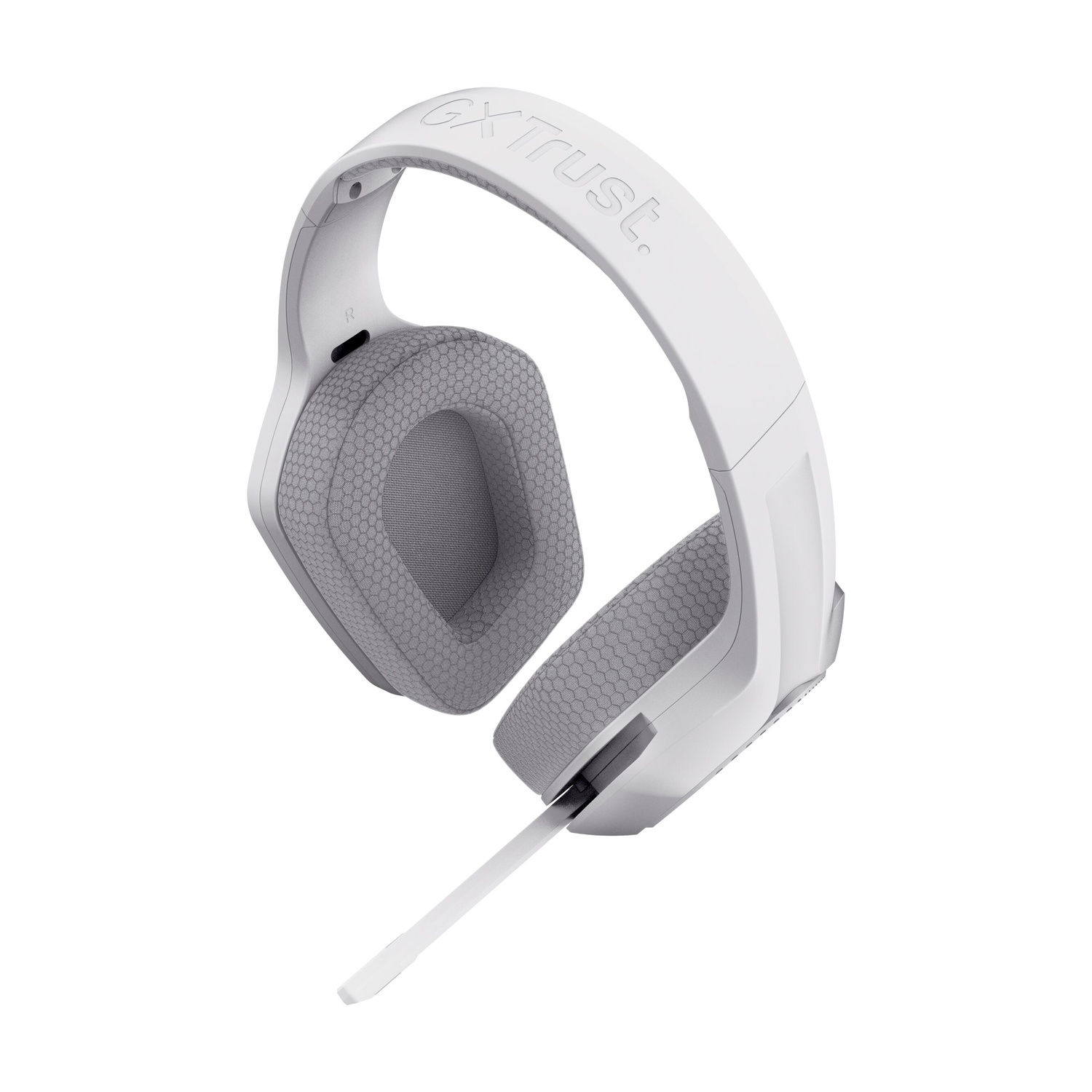 Cuffie da gioco GXTrust bianche con tessuto grigio e microfono.