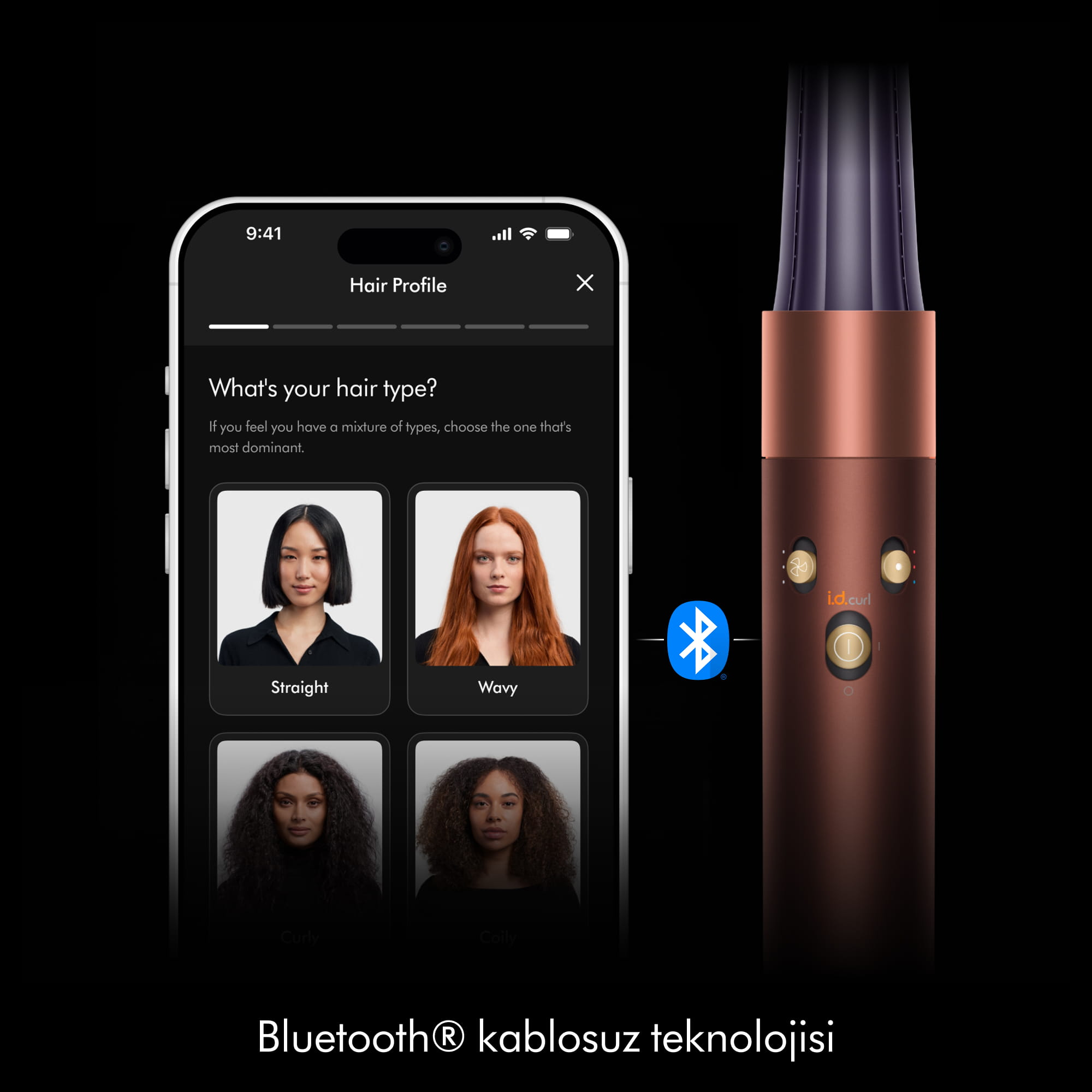 Siyah arka planda Bluetooth simgeli kahverengi saç şekillendiricinin yanında saç profili uygulaması gösteren akıllı telefon.