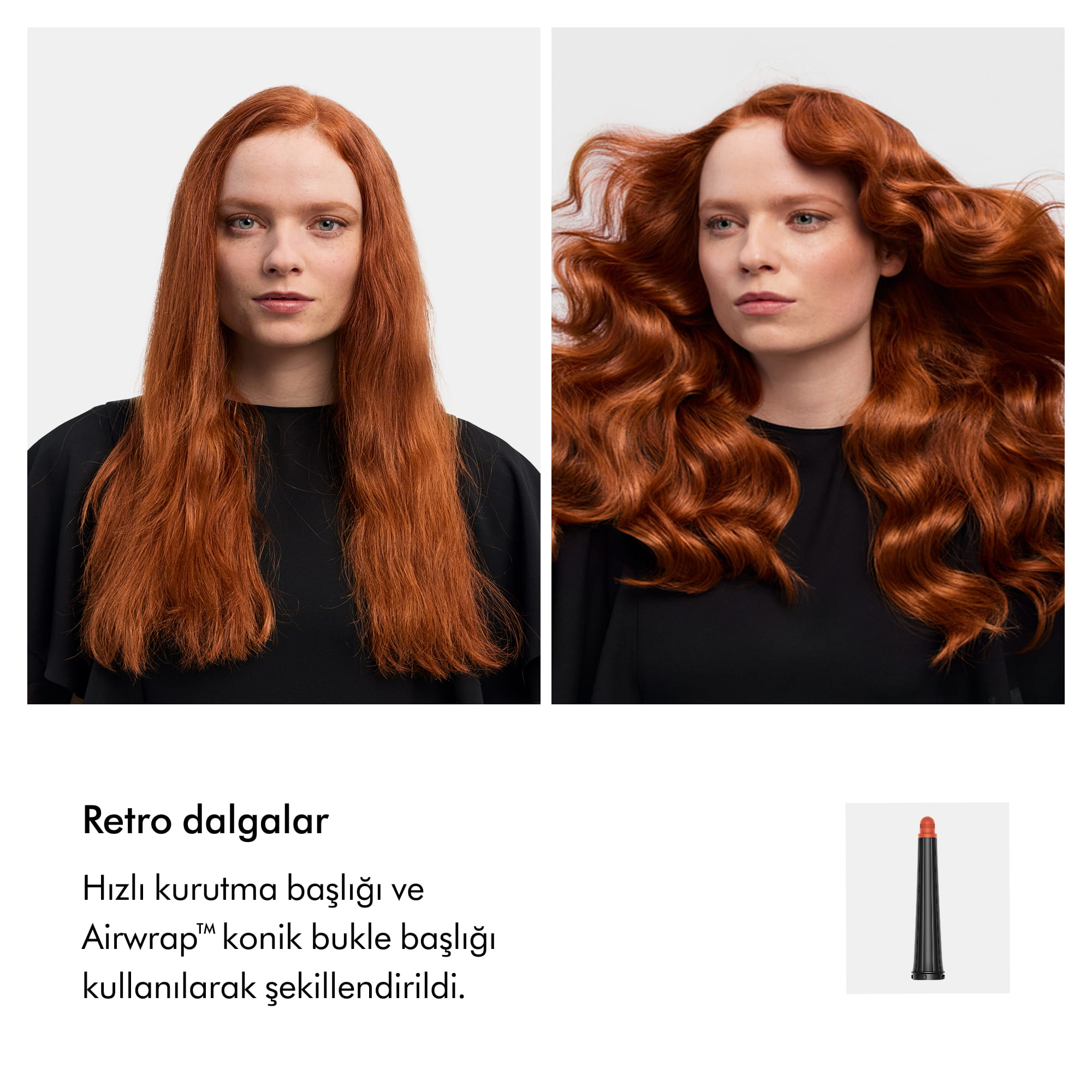 Airwrap konik başlık kullanılarak retro dalgalar verilen kızıl saçlı bir kadının önce ve sonra karşılaştırması.