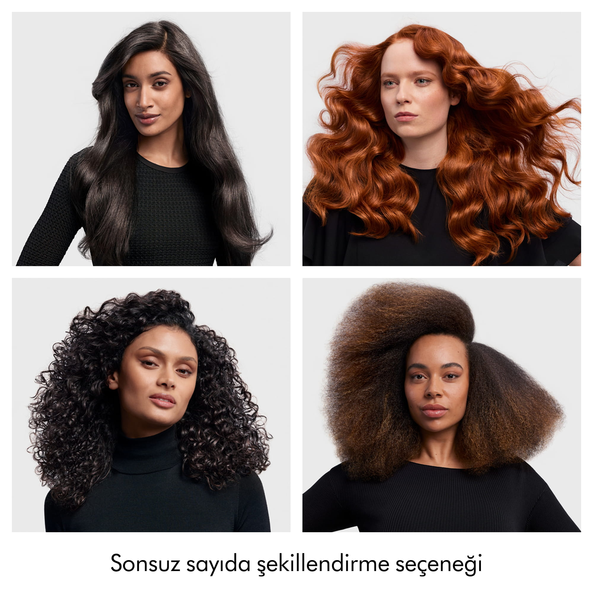 Beyaz arka plan önünde farklı saç tiplerine ve stillerine sahip dört kadın.