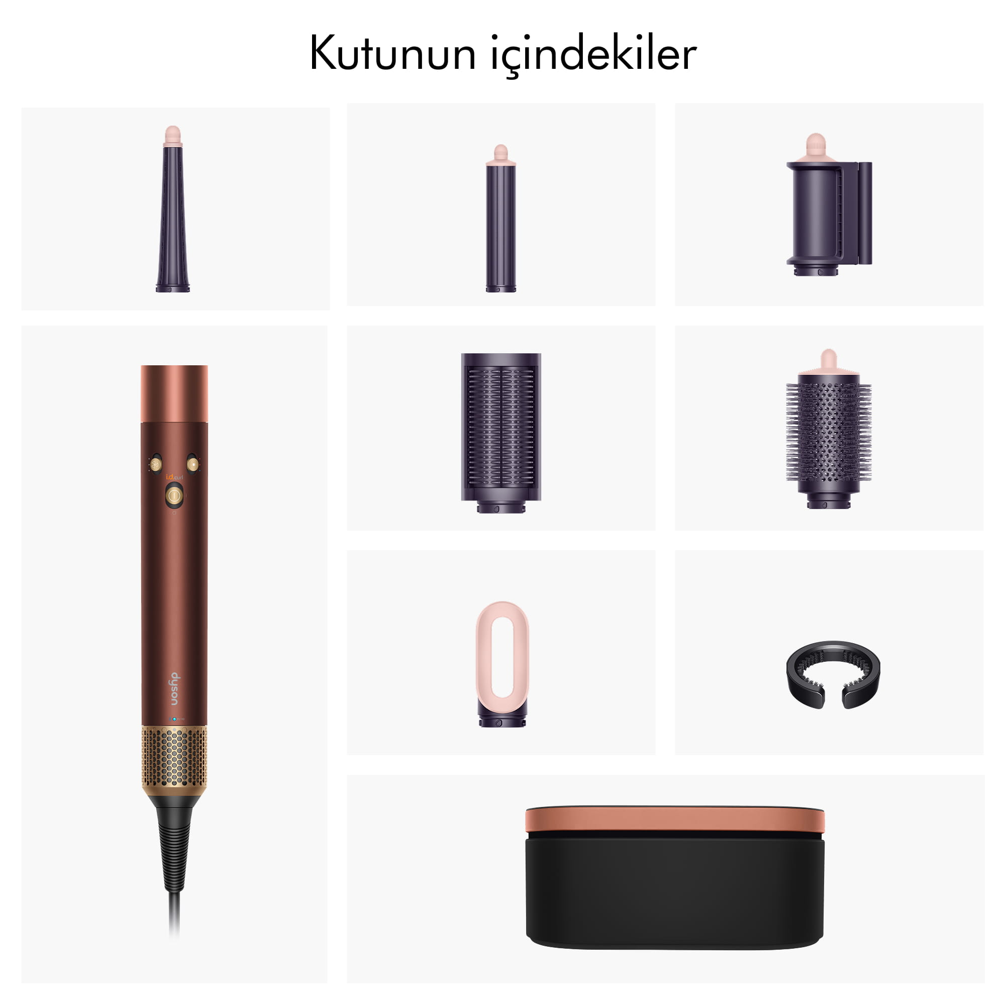 Ayrı kutularda yer alan Dyson saç şekillendirici ve çeşitli başlıklar.
