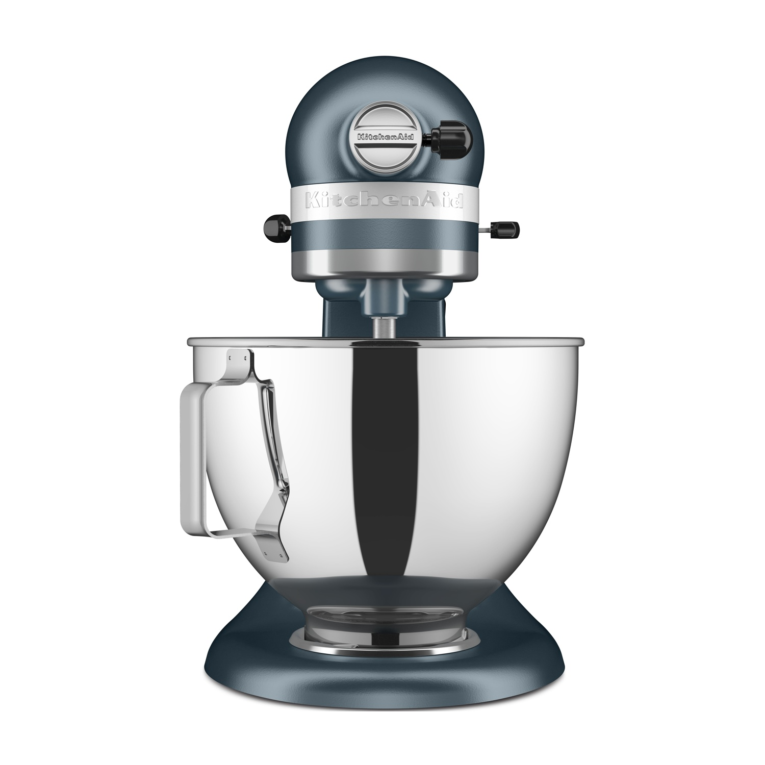 Una planetaria KitchenAid blu scuro con ciotola lucida in acciaio inossidabile su sfondo bianco.