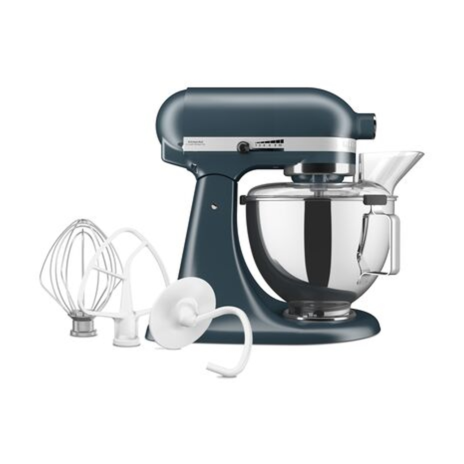 Impastatrice planetaria blu scuro con ciotola in acciaio inox e tre accessori su sfondo bianco.