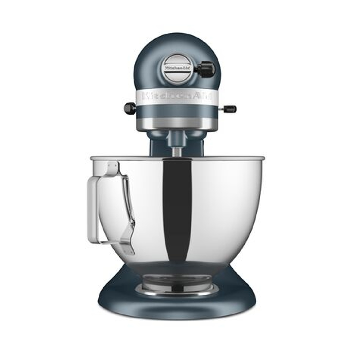 Impastatrice planetaria KitchenAid blu con ciotola in acciaio inox su sfondo bianco.