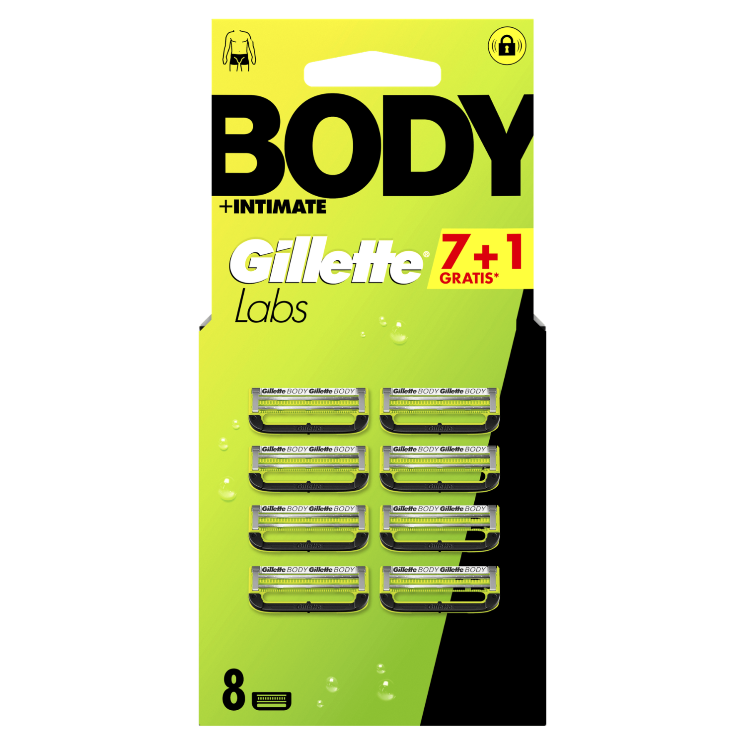 Empaque de cuchillas Gillette Labs Body + Intimate con ocho cartuchos de repuesto verdes y negros.