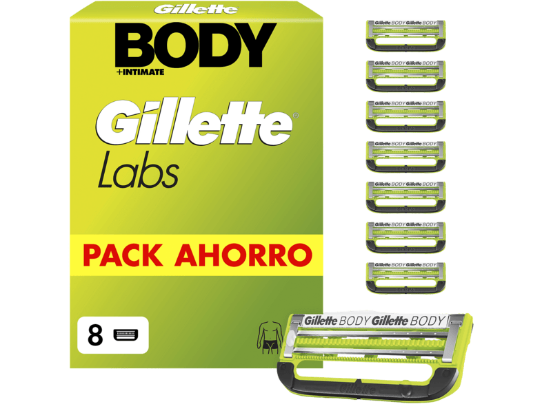 Recambio para maquinilla - Gillette Labs Body + Intimate, 2 hojas, Bandas lubricante, anti-irritación y anti vellos enquistados, 8 cabezales