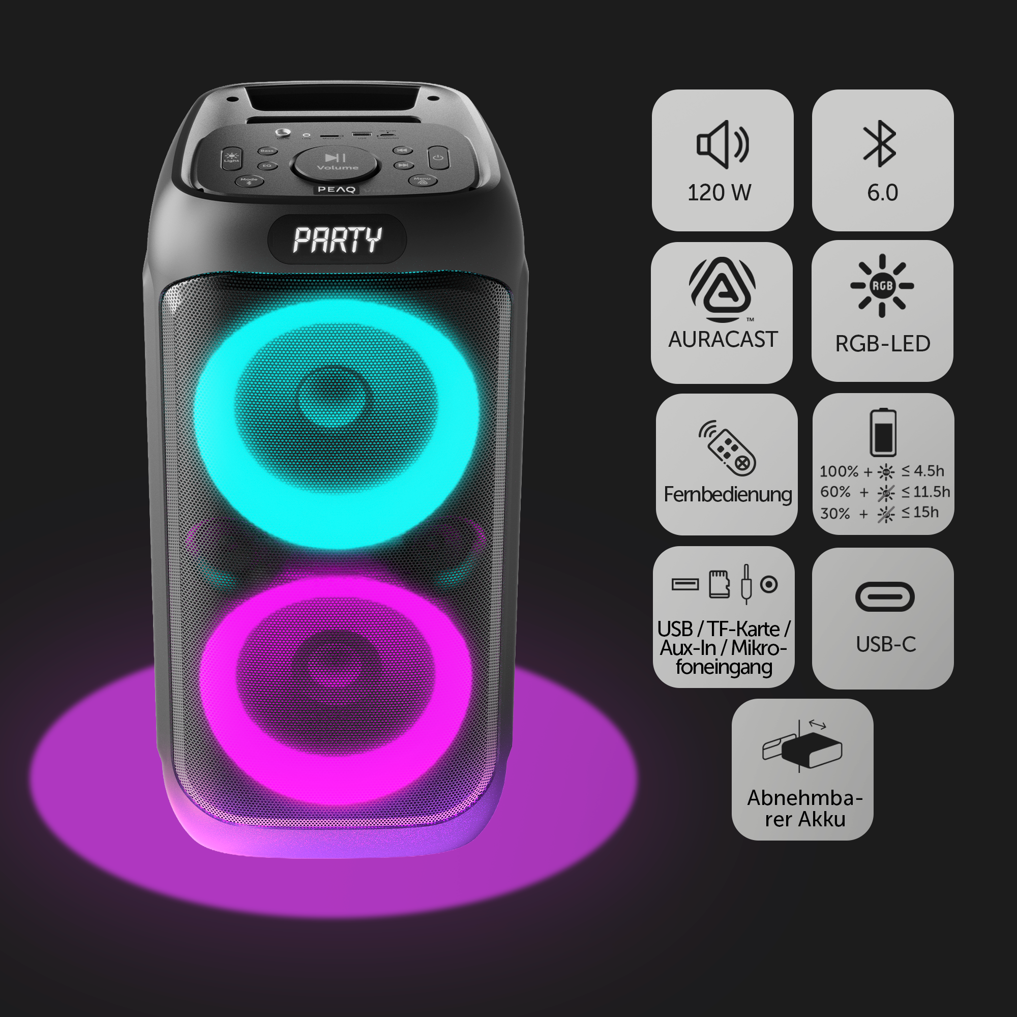 PEAQ Party 33 Lautsprecher, 120W, Schwarz