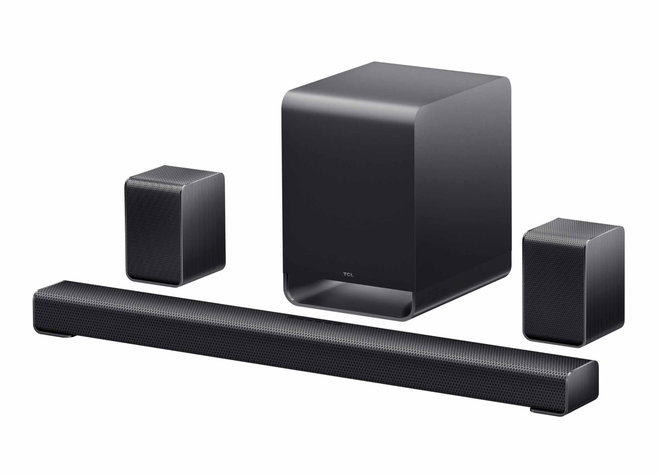 Schwarzes TCL Heimkinosystem mit Soundbar, Subwoofer und zwei Satellitenlautsprechern.