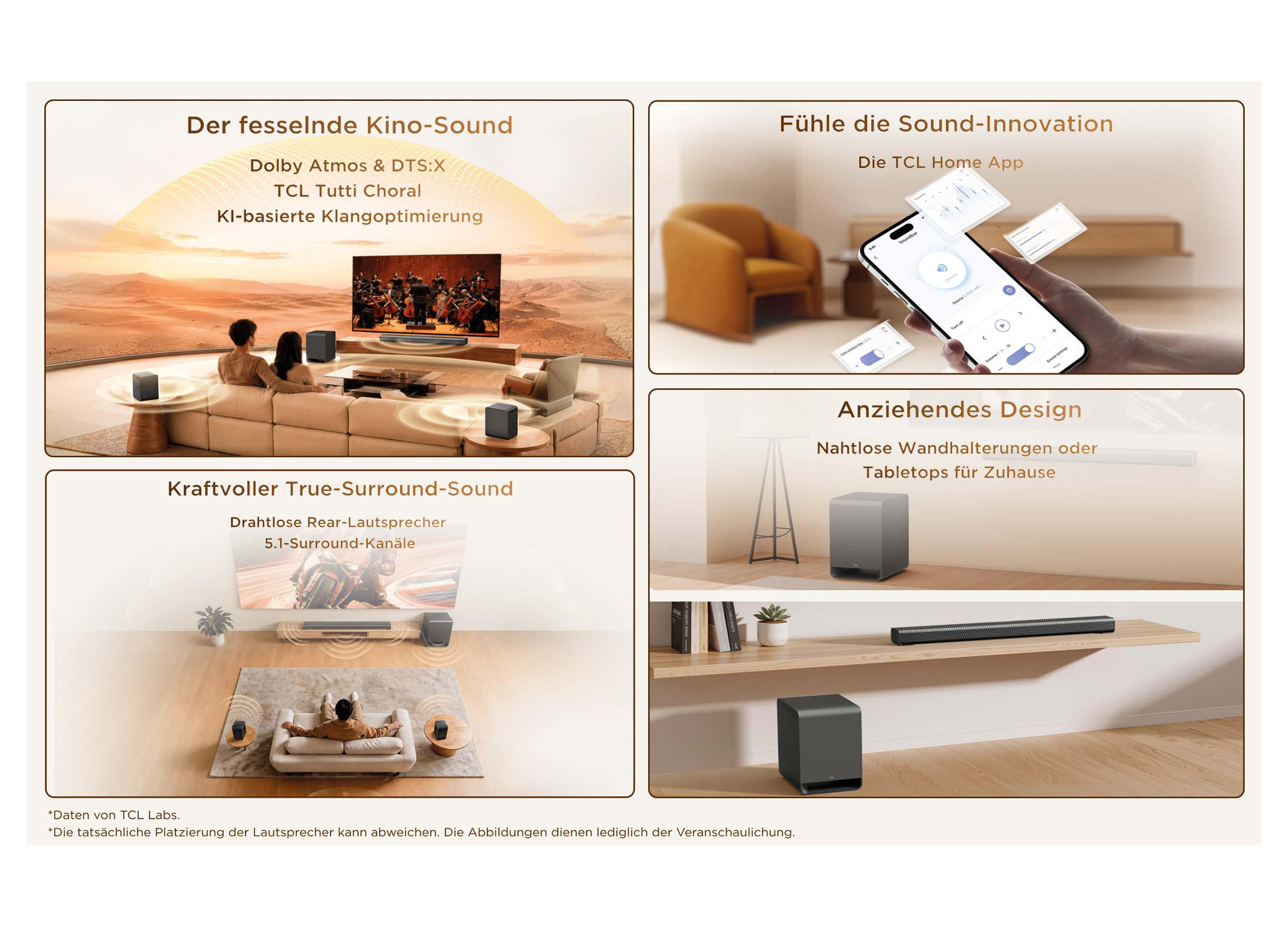 Werbegrafik für TCL-Heimkinosysteme mit Soundbars, Surround-Sound, App-Steuerung und schickem Design.