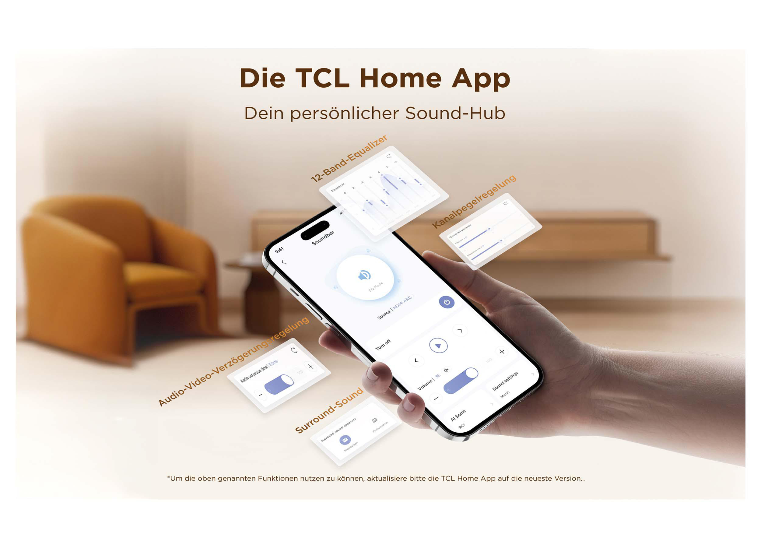Hand hält Smartphone mit offener TCL Home App, die Sound-Steuerungsoptionen zeigt.
