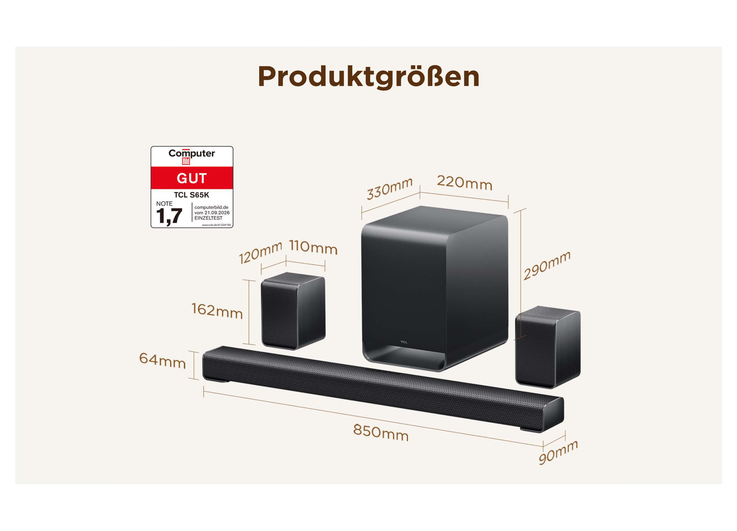 Diagramm zeigt die Produktgrößen eines Soundsystems mit Soundbar, Subwoofer und Satellitenlautsprechern.