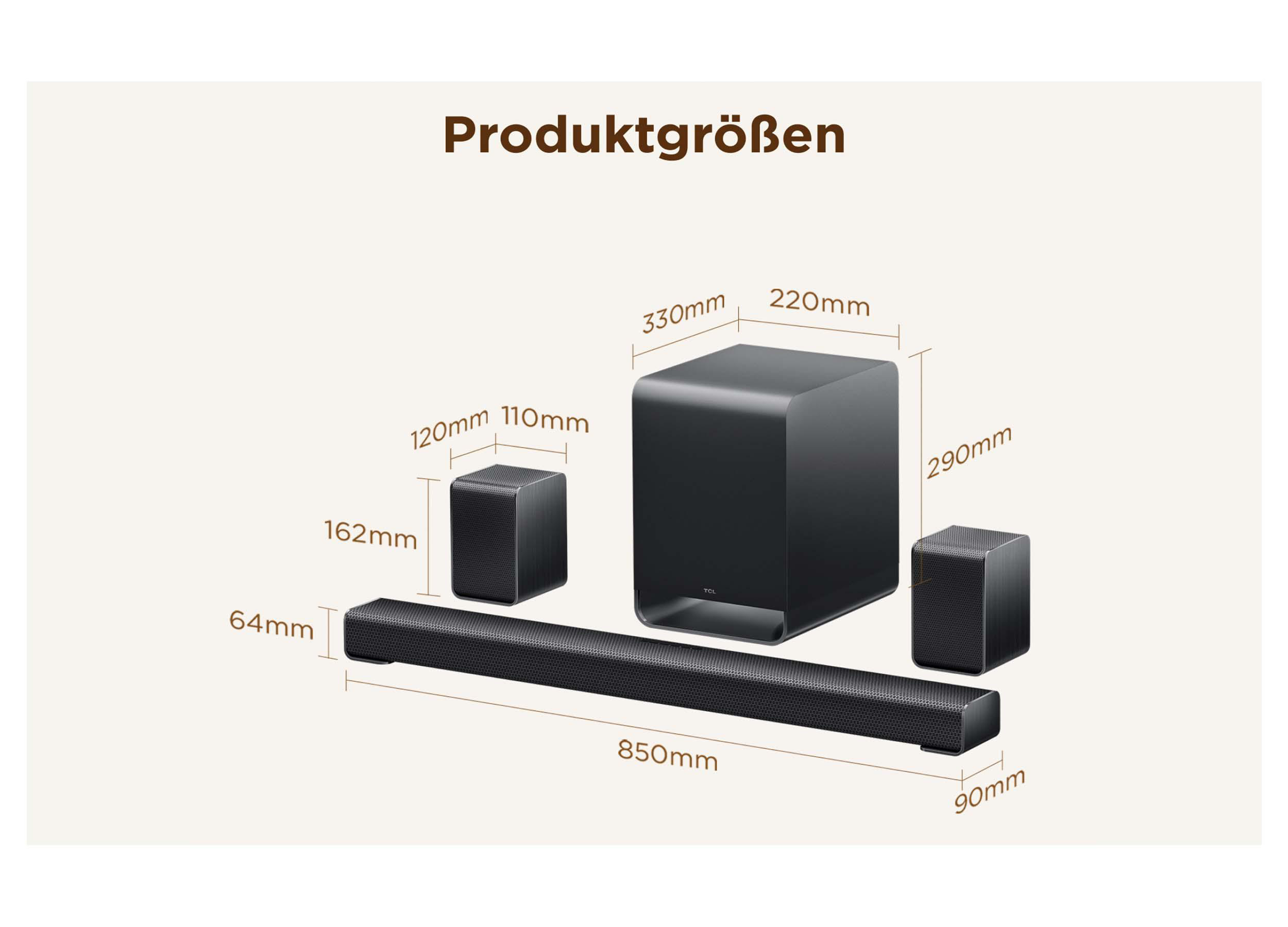 Technische Zeichnung der Produktgrößen eines schwarzen Soundsystems mit Maßen in Millimetern.