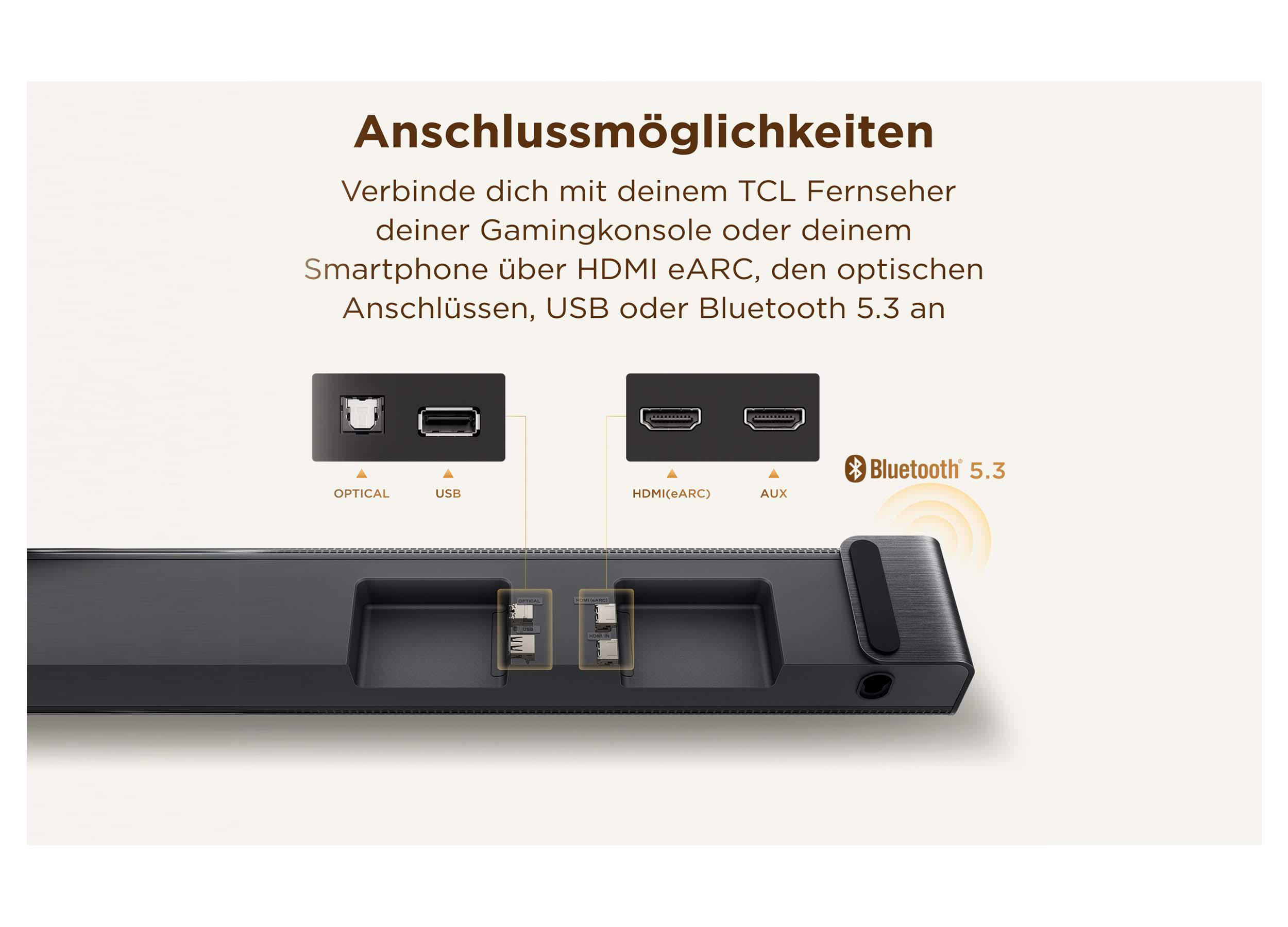Übersicht der Anschlussmöglichkeiten wie HDMI, USB, optisch und Bluetooth 5.3 an einer Soundbar.