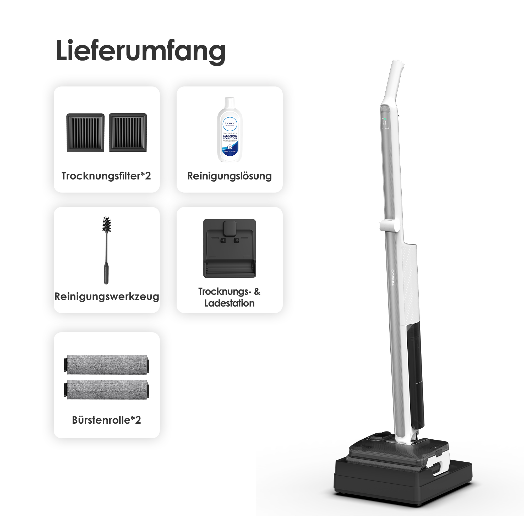 Ein Tineco Staubsauger und Zubehör wie Filter, Reinigungslösung, Bürstenwerkzeug und Ladestation.