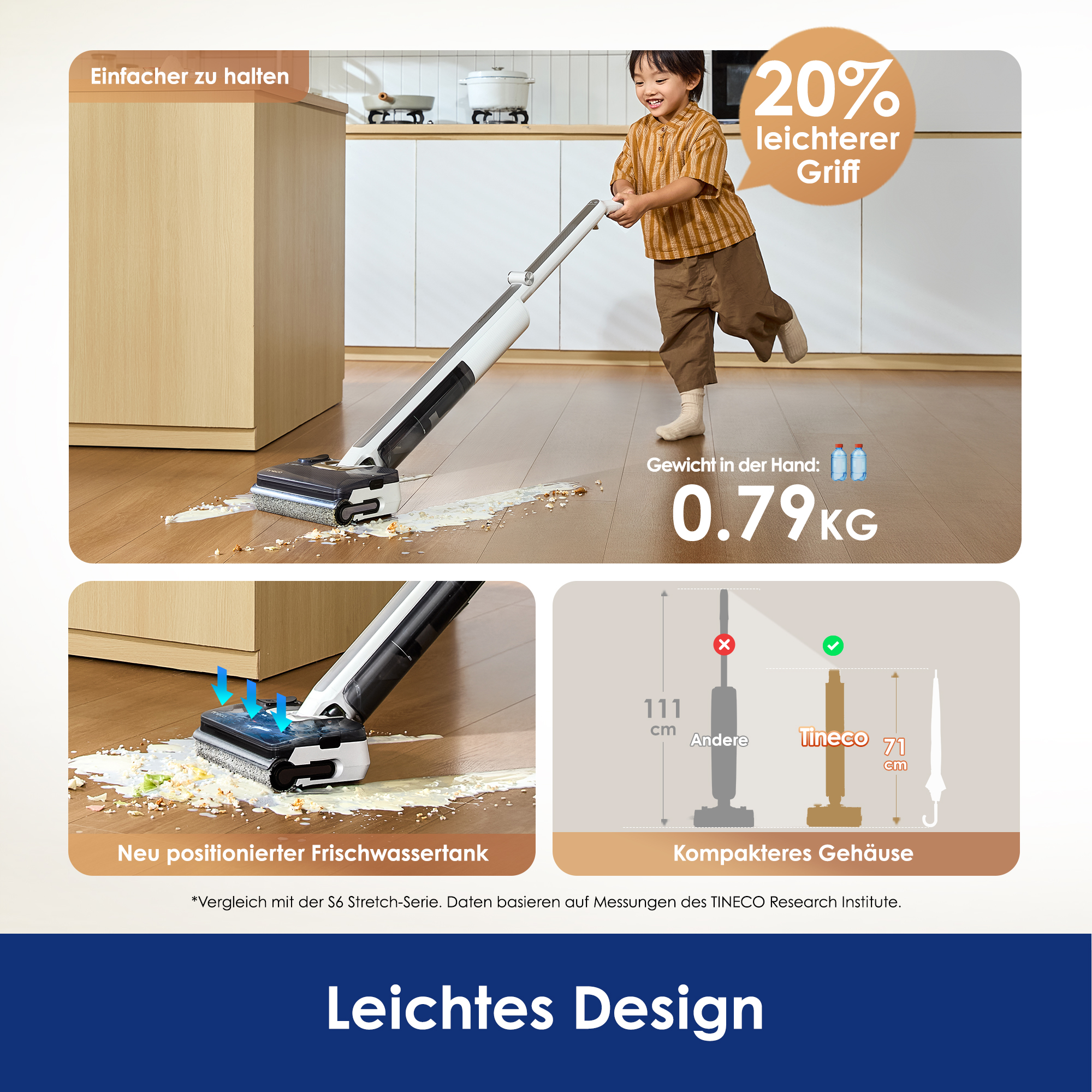 Ein Kind reinigt einen verschütteten Boden mit einem leichten Tineco-Staubsauger in einer hellen Küche.