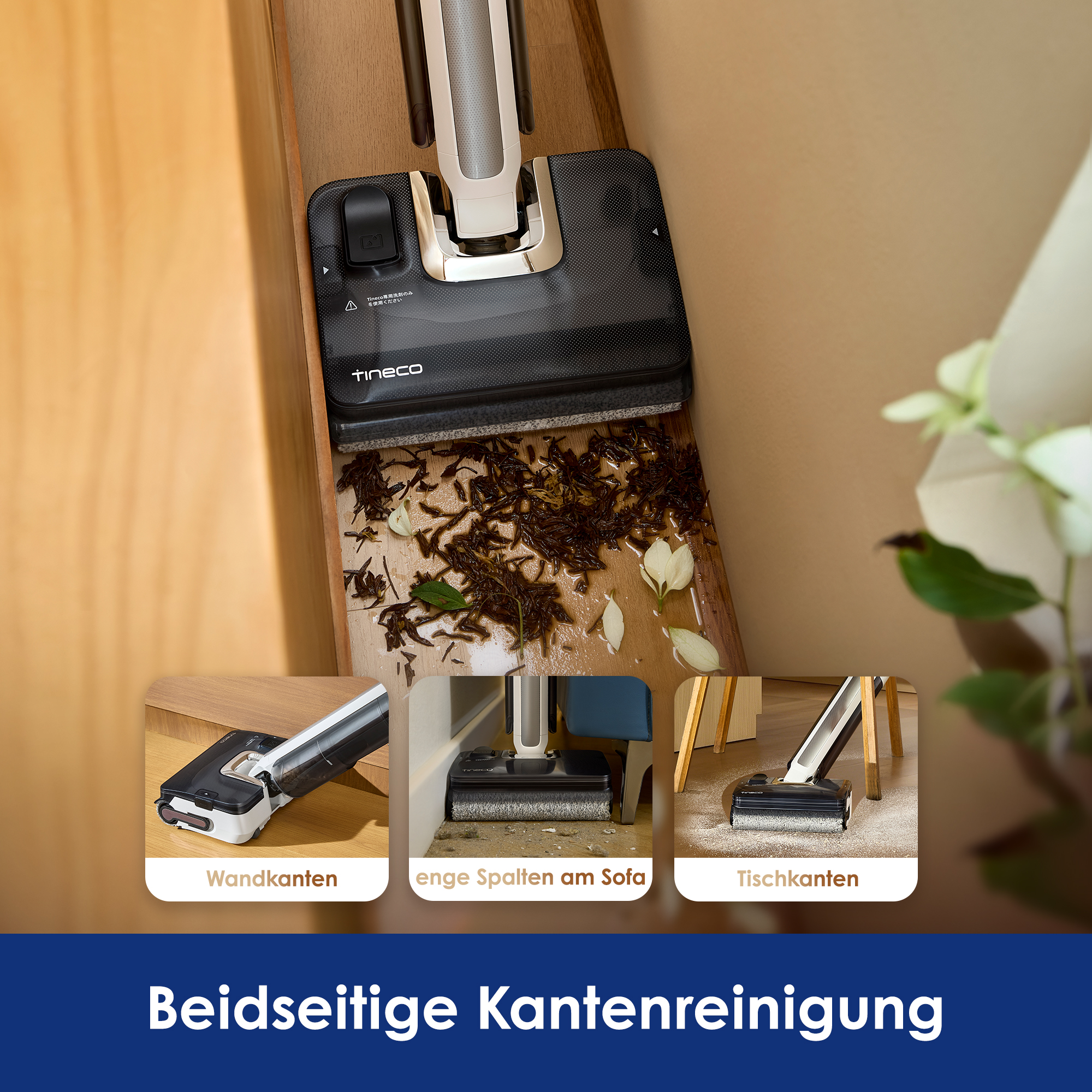 Ein Tineco Staubsauger reinigt Schmutz an einer Holzkante, mit drei Insets für Wand-, Sofa- und Tischkanten.